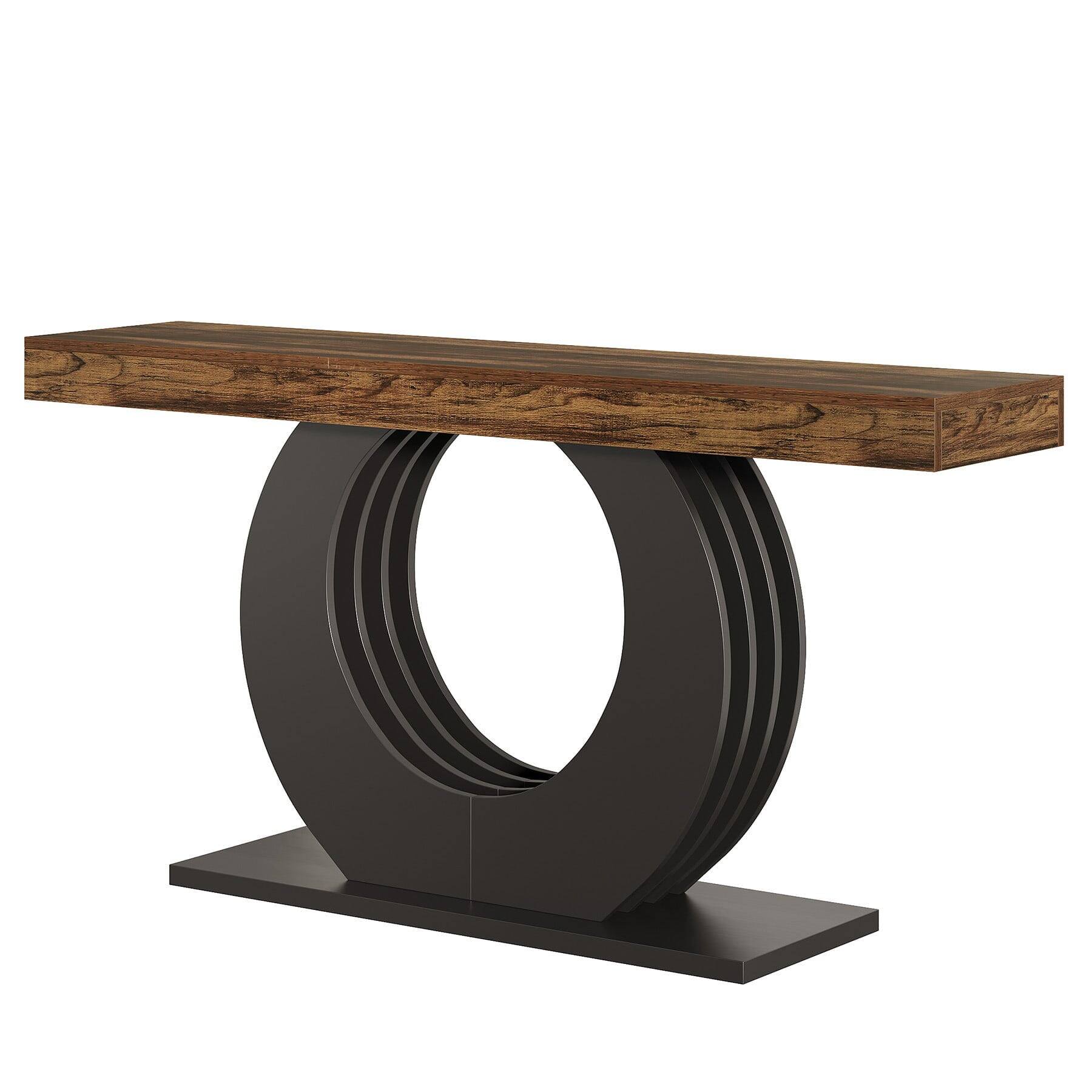 Left. Kadyn - Round Metal Base Console Table - Wooden Side Table, Living Room Entryway, Stylish Sofa Table, Home Decor, Brown - Brown.