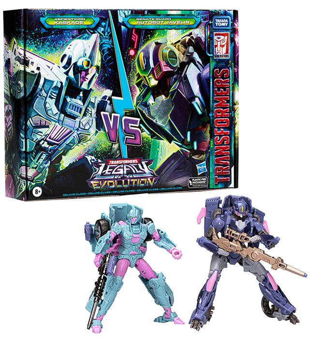 Sure, here is the corrected and grouped text from the image:

---

**Front of the Box:**

- **Top Left:** "ARCENTICON KASKADE"
- **Top Right:** "SENATE AUTOBOT JAVELIN"
- **Center:** "VS"
- **Below Center:** "TRANSFORMERS"
- **Below "VS":** "JAVELIN EVOLUTION"
- **Bottom Left:** "8+"
- **Bottom Right:** "DELUXE CLASS - DELUXE CLASS - DELUXE CLASS - DELUXE CLASS"

**Side of the Box:**

- "TAKARA TOMY"
- "TRANSFORMERS"
- "GENERATIONS"
- "PLASTIC & METAL"

**Toy Figures:**

- **Left Figure:** "ARCENTICON KASKADE"
- **Right Figure:** "SENATE AUTOBOT JAVELIN"

---