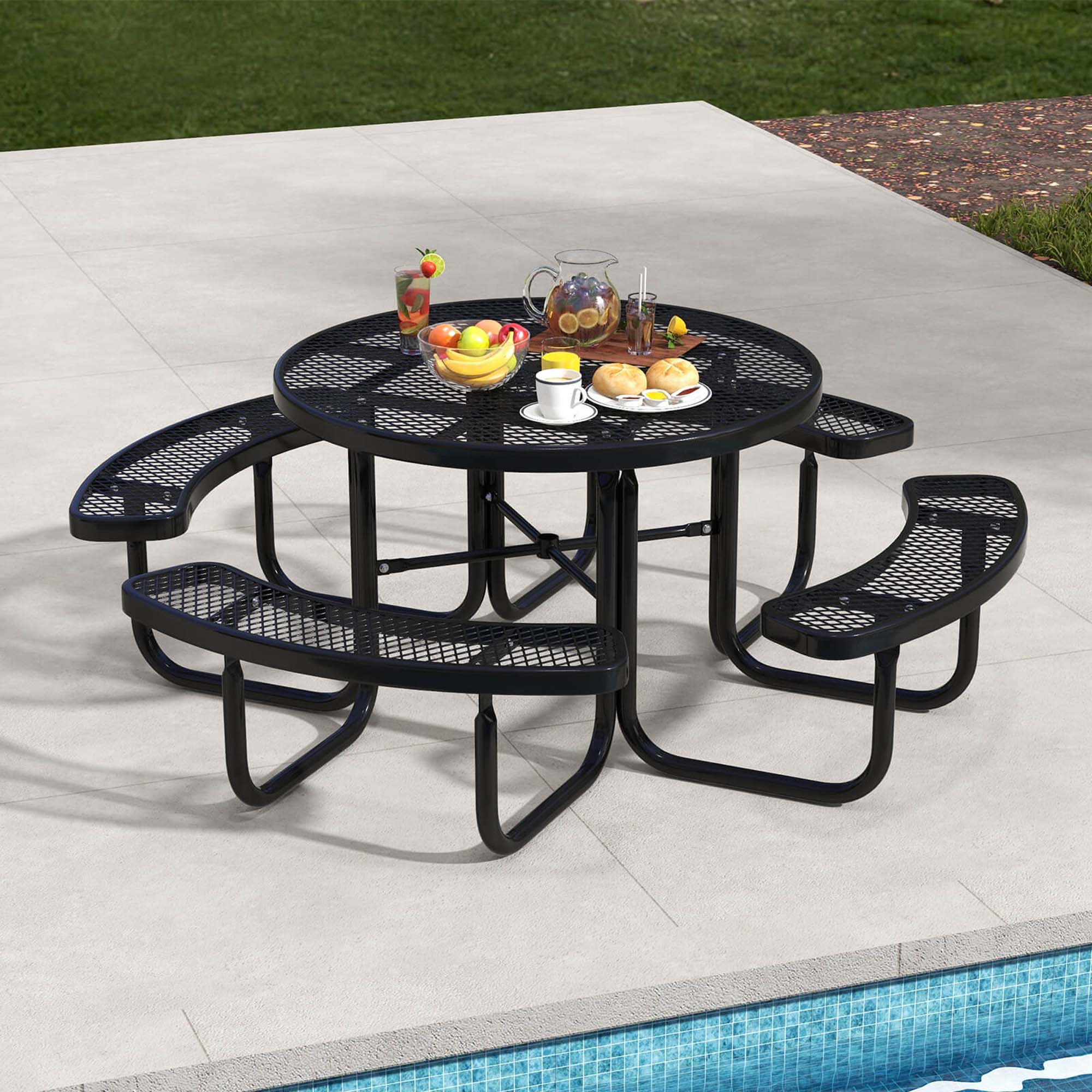 Alt View 1. Costway - Costway 45" Coated Steel Camping Table Outdoor Round Picnic Table & Bench Set for 8 Black - Black.