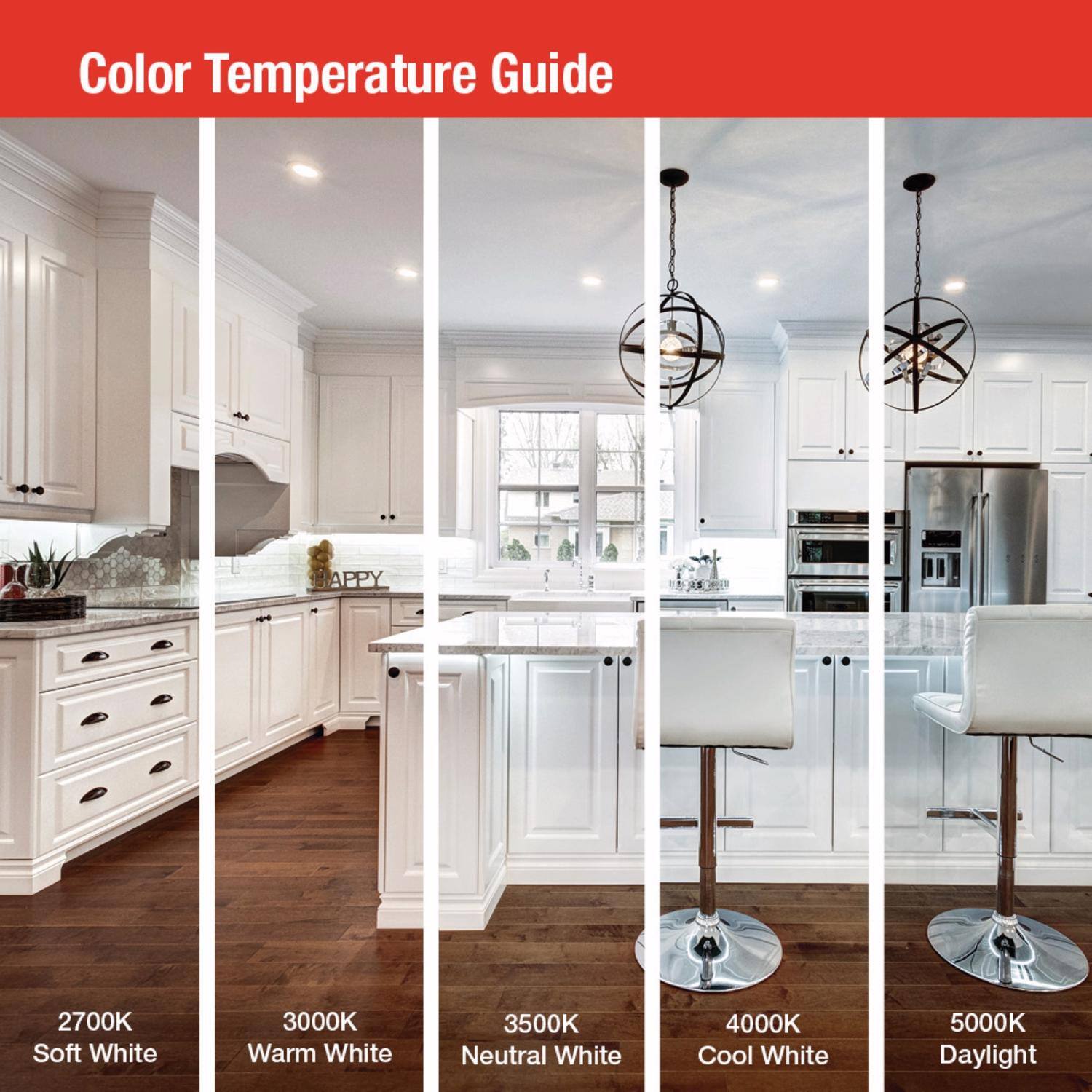 Color Temperature Guide

2700K Soft White  
3000K Warm White  
3500K Neutral White  
4000K Cool White  
5000K Daylight