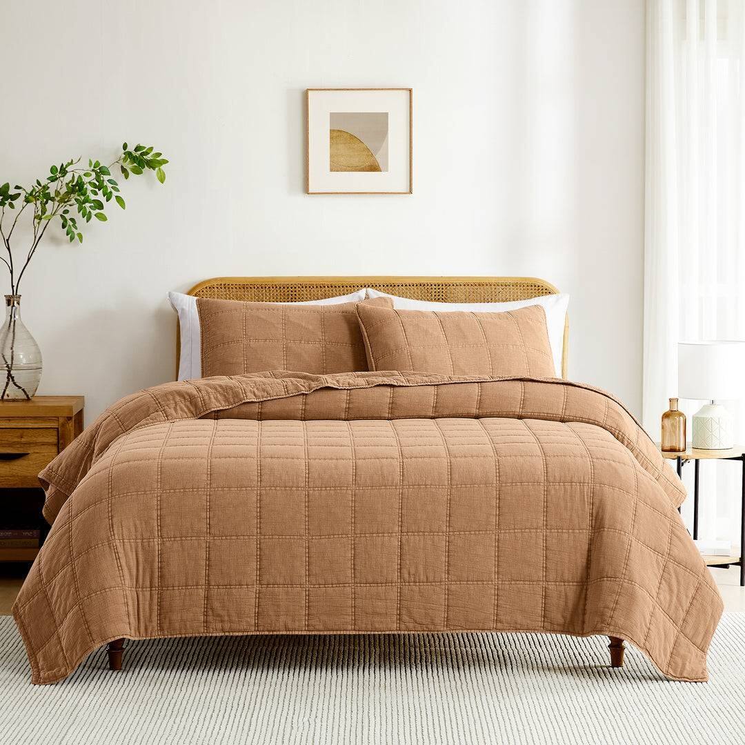 Front. Hivvago - King / California King size Taupe Brown Sienna Faded Stone Washed Cotton Quilt - Taupe Brown.