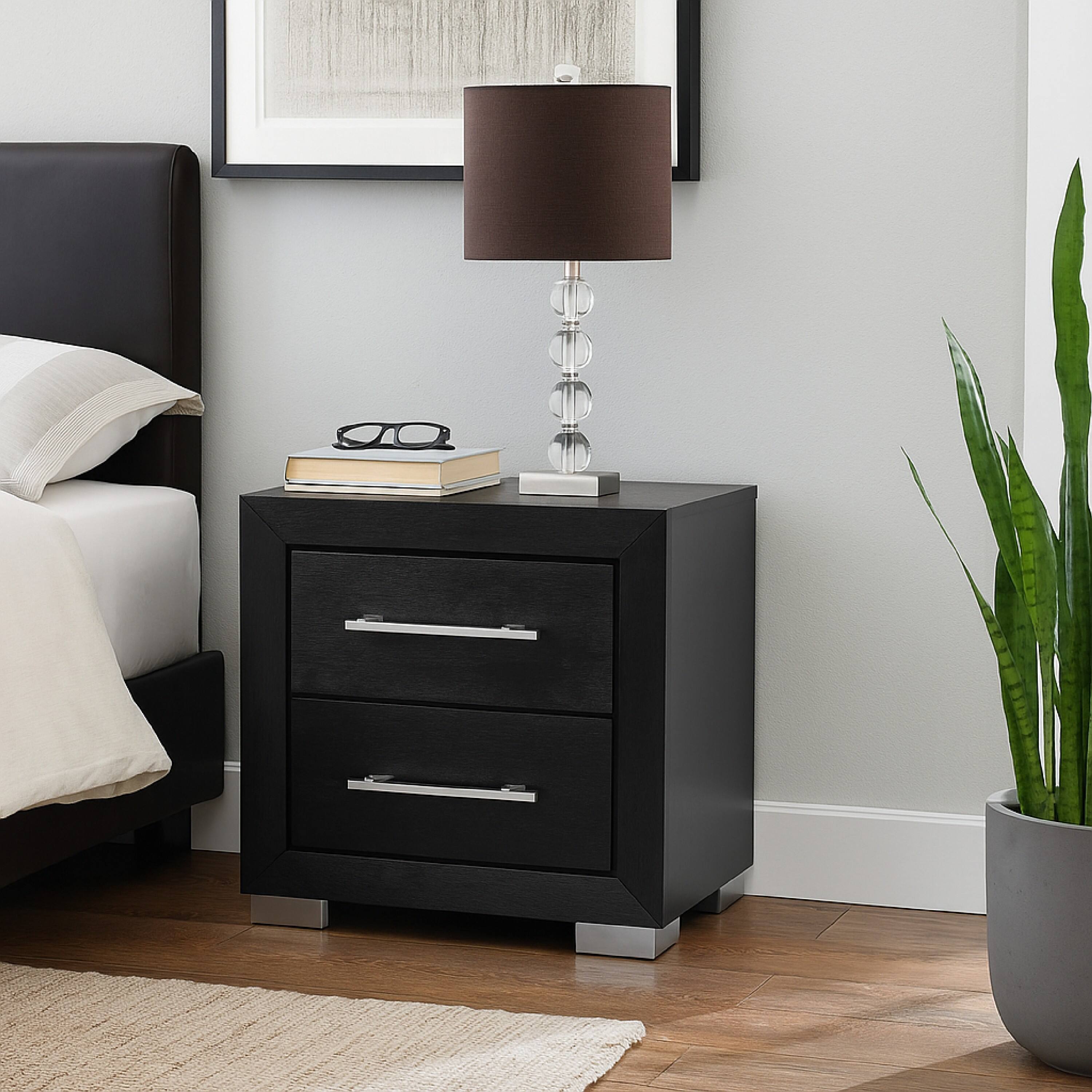 Alt View 5. Manhattan Lane - Ashen Nightstand w USB, 2 Drawers,26 Inch - Black, Chrome, Nickel.