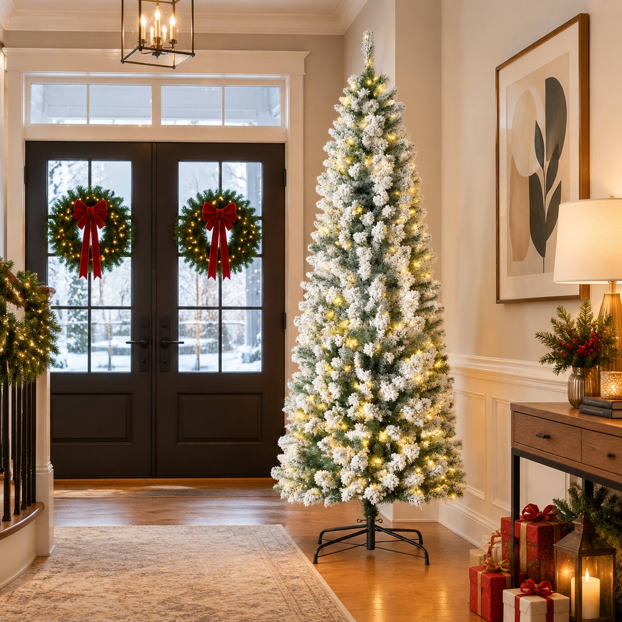 Alt View 2. RYHNUYNE - Artificial Fir Christmas Tree With Pre-Strung LED Lights, Realistic Hinged Branches Easy Assembly Holiday Decor - Green,White.