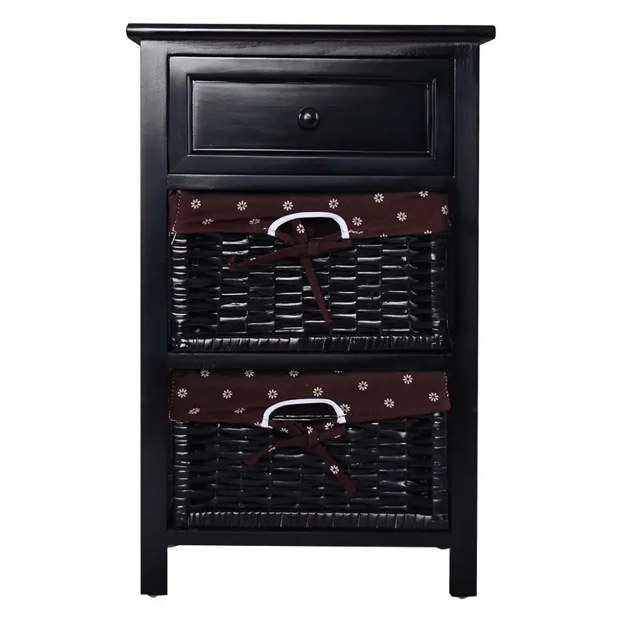 Alt View 18. Costway - Black Night Stand 3 Tiers 1 Drawer Bedside End Table Organizer Wood with 2 Baskets - Black.