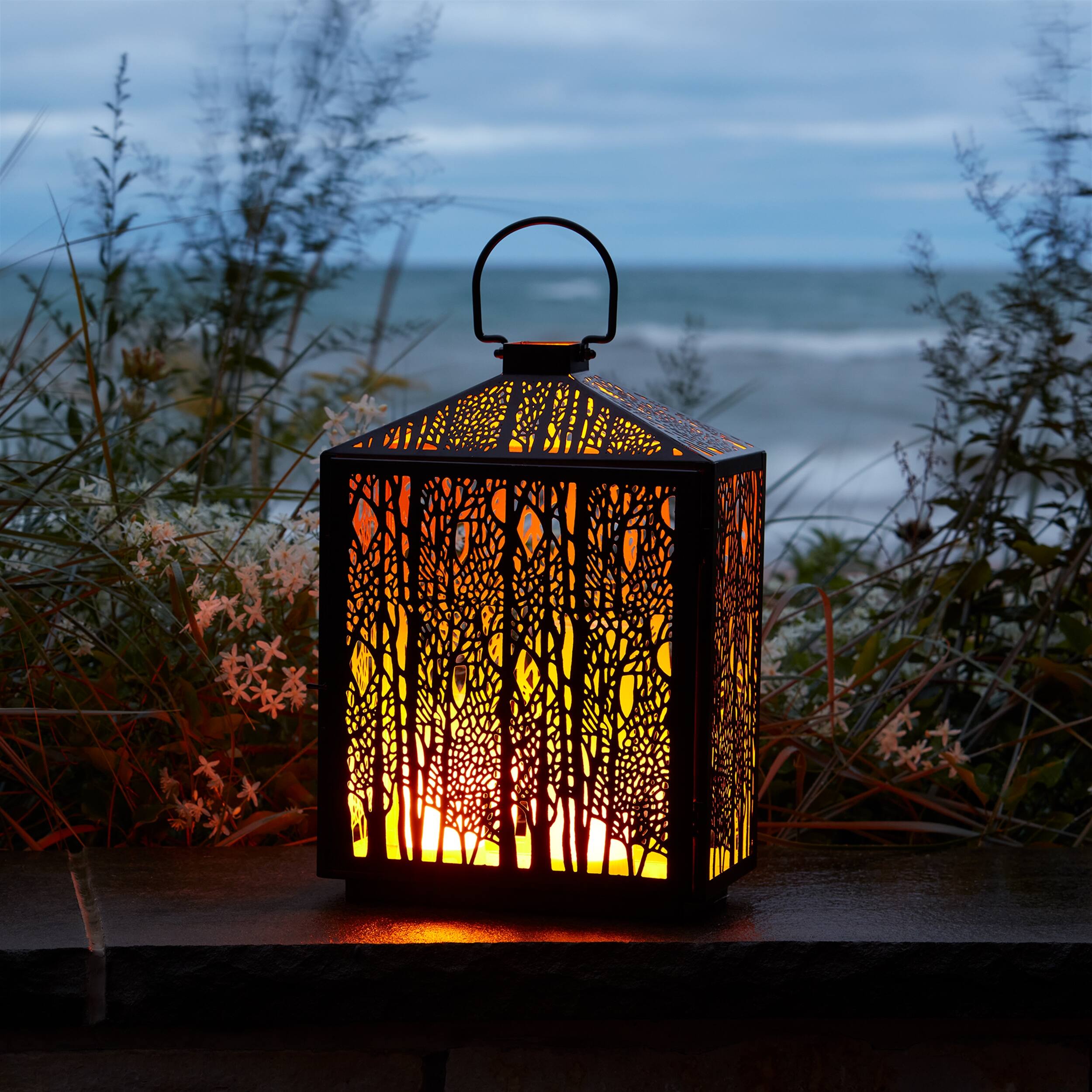 Angle. BreeBe - Forest Cut Metal Lantern with Gold Accent 16"H - Black, Gold.