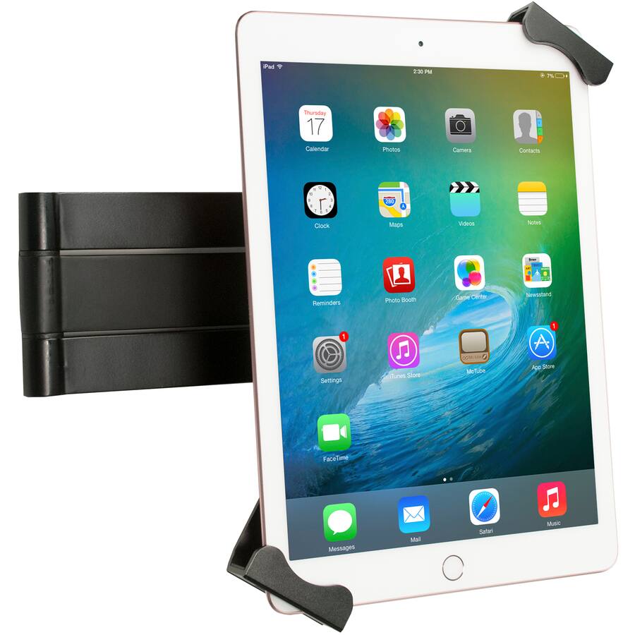 Sure, here is the corrected and grouped text from the image:

**Top Bar:**
- iPad
- 2:30 PM
- 7%

**Date and Time:**
- Thursday 17
- Calendar

**App Icons:**
- Photos
- Camera
- Contacts
- Clock
- Maps
- Videos
- Notes
- Reminders
- Photo Booth
- Game Center
- Newsstand
- Settings
- iTunes Store
- YouTube
- App Store
- FaceTime
- Messages
- Mail
- Safari
- Music

**Bottom Bar:**
- (No text, just icons)