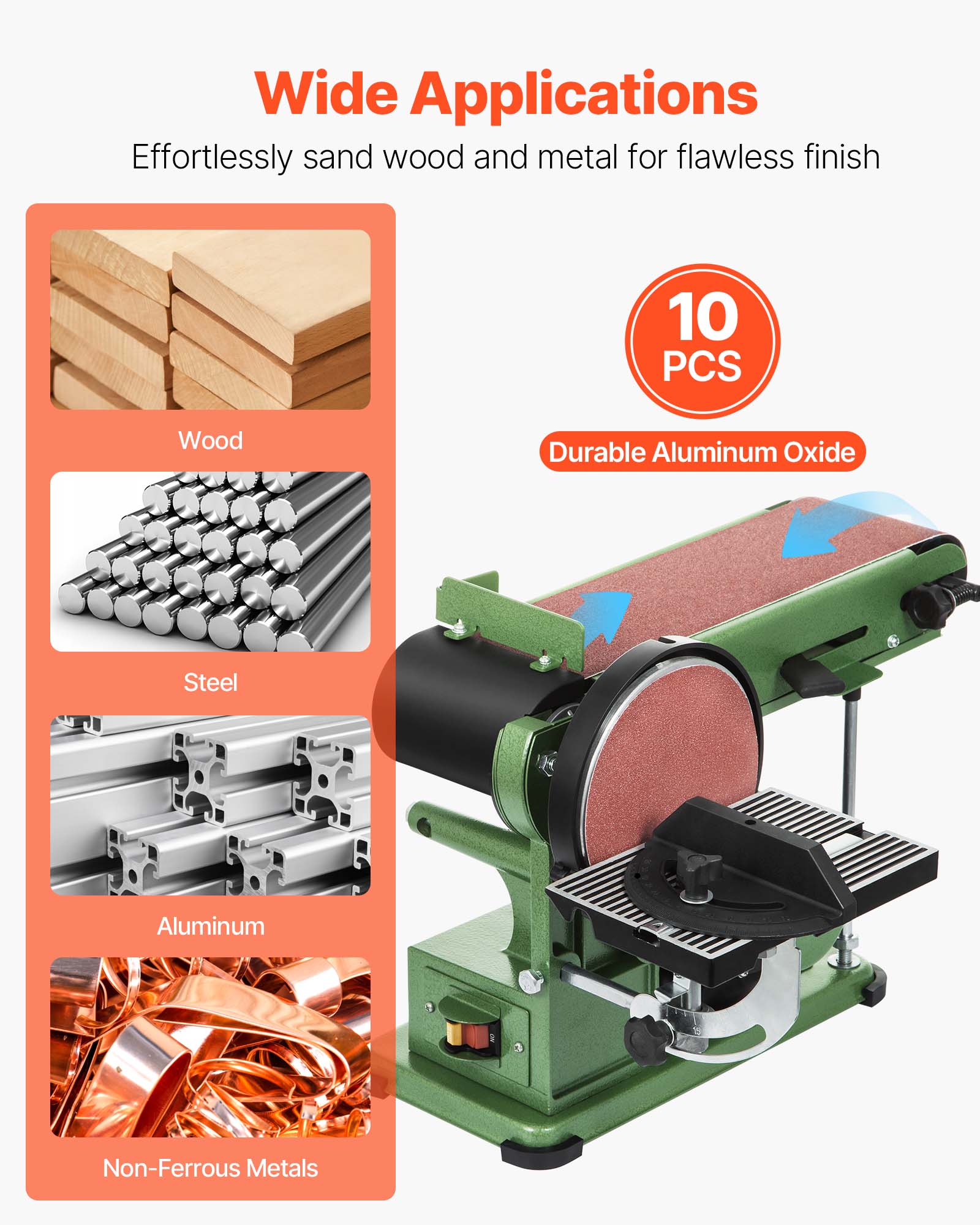 Wide Applications  
Effortlessly sand wood and metal for flawless finish  

10 PCS  
Durable Aluminum Oxide  

- Wood  
- Steel  
- Aluminum  
- Non-Ferrous Metals