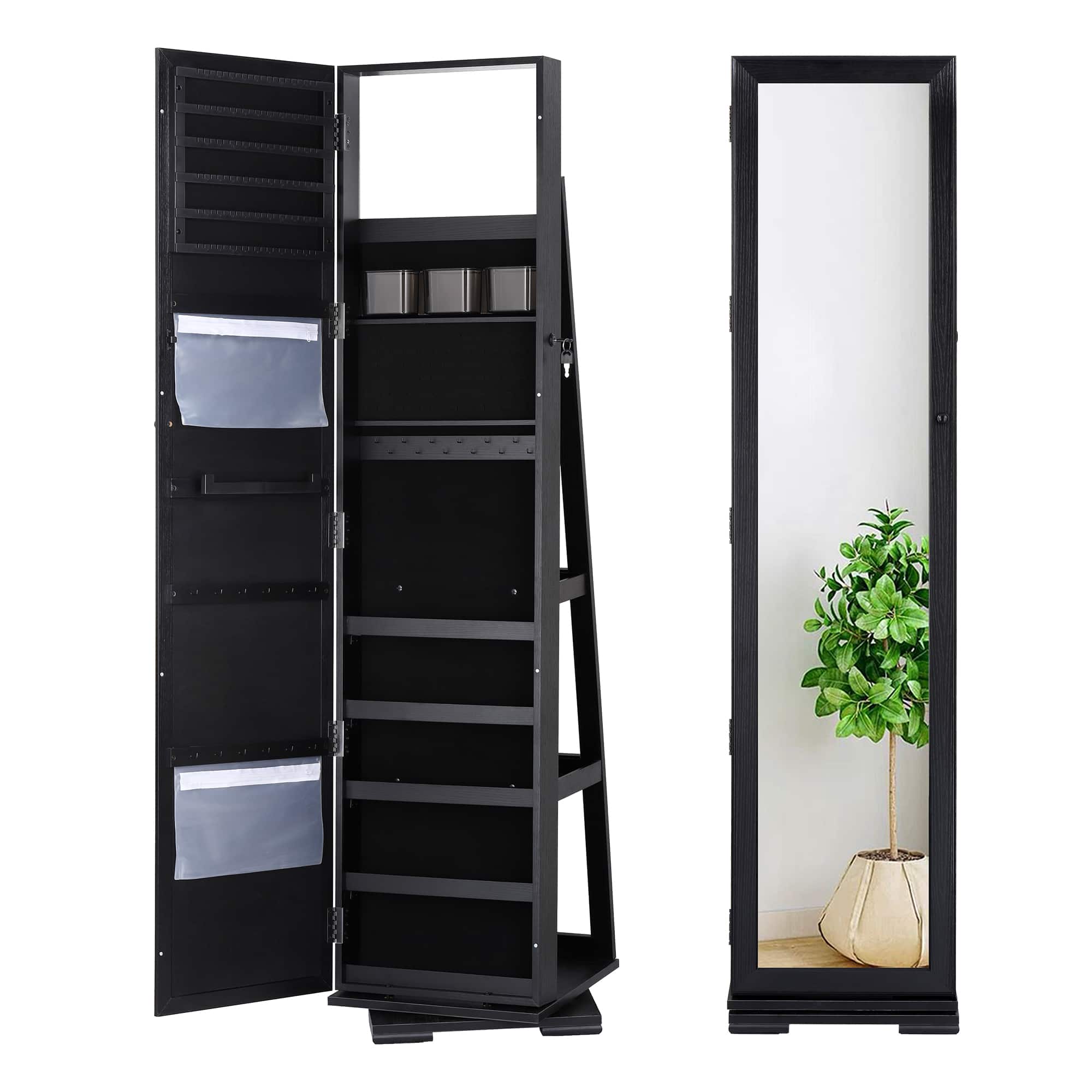 Oumilen - 360° Rotating Jewelry Armoire with Full-Length Mirror & Storage - Black