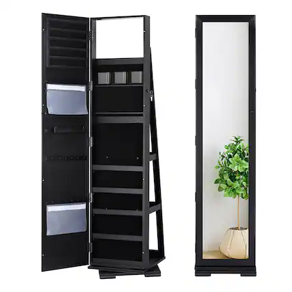 Front. Oumilen - 360° Rotating Jewelry Armoire with Full-Length Mirror & Storage - Black.