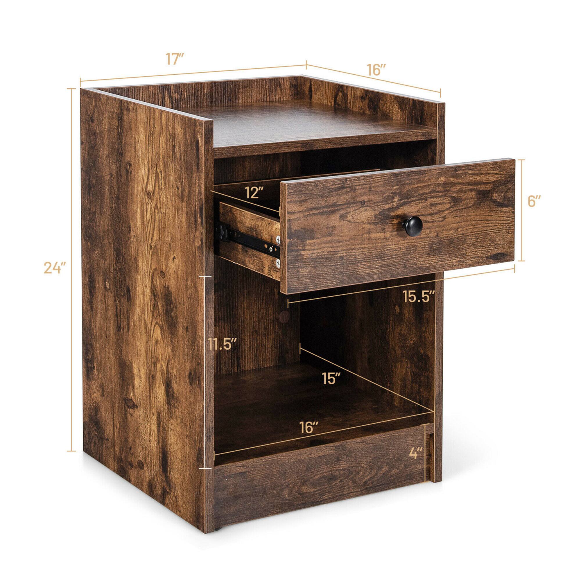 The dimensions of the wooden cabinet are as follows:

- Height: 24"
- Width: 17"
- Depth: 16"
- Top shelf height: 6"
- Middle shelf height: 12"
- Bottom shelf height: 15"
- Bottom compartment height: 11.5"
- Bottom compartment depth: 15.5"
- Bottom compartment width: 16"
- Side panel thickness: 4"