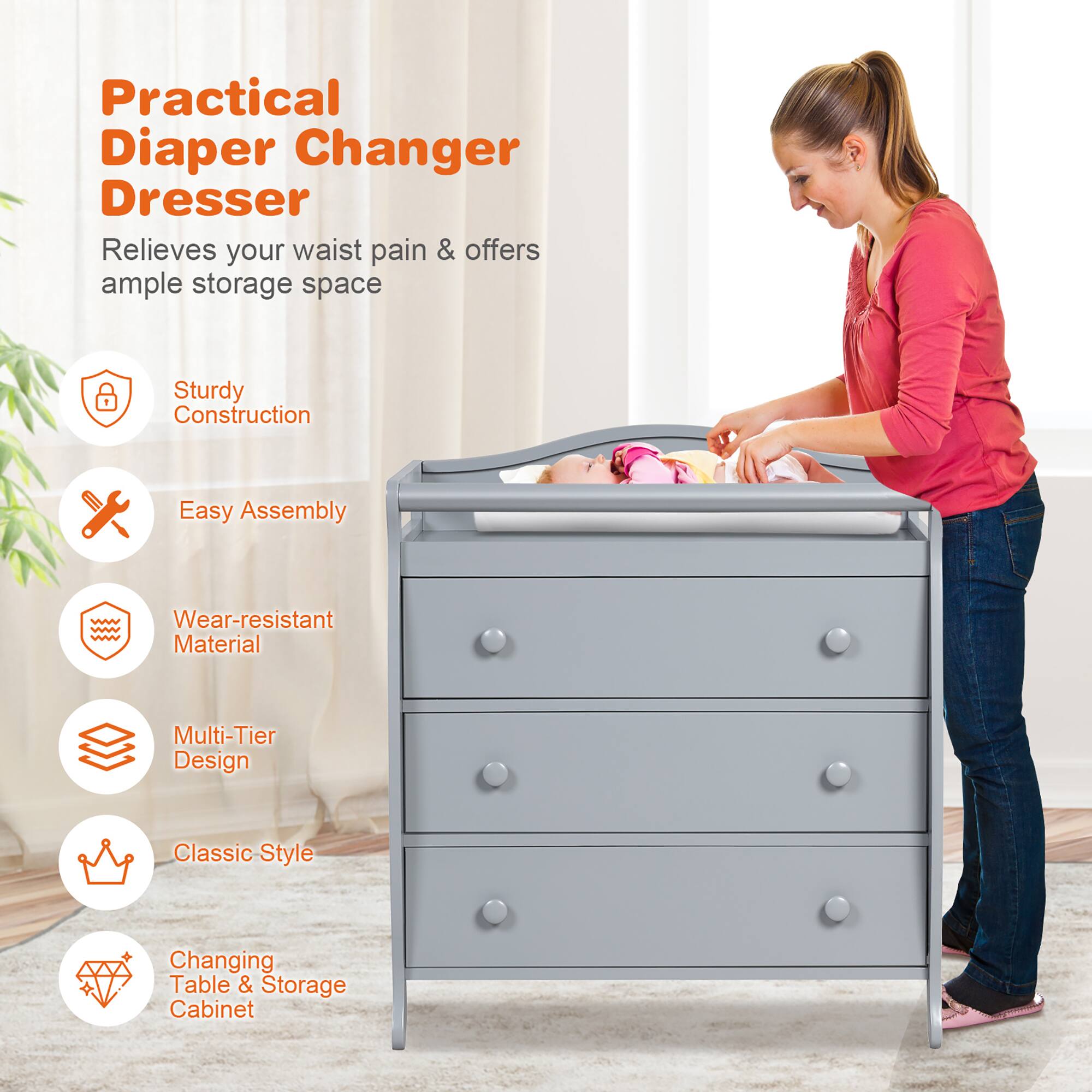 Practical Diaper Changer Dresser
Relieves your waist pain & offers ample storage space
Sturdy Construction
Easy Assembly
Wear-resistant Material
Multi-Tier Design
Classic Style
Changing Table & Storage Cabinet