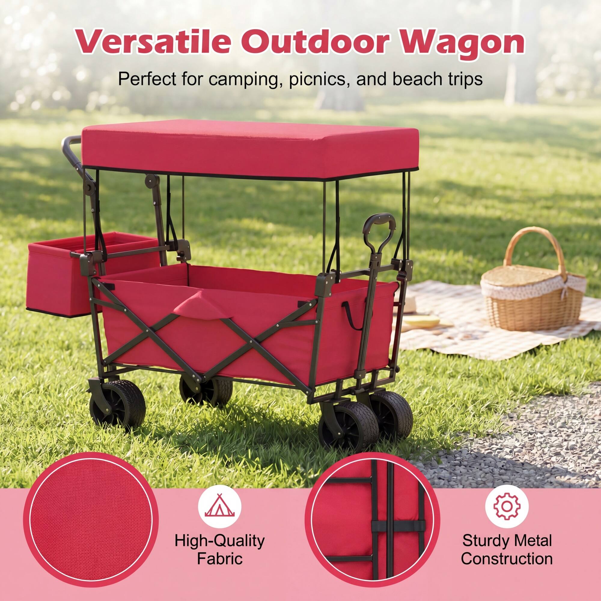 Versatile Outdoor Wagon  
Perfect for camping, picnics, and beach trips  

High-Quality Fabric  
Sturdy Metal Construction