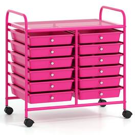 Costway - 12 Drawers Rolling Cart Storage Scrapbook Paper Studio Organizer Bins - Hot Pink