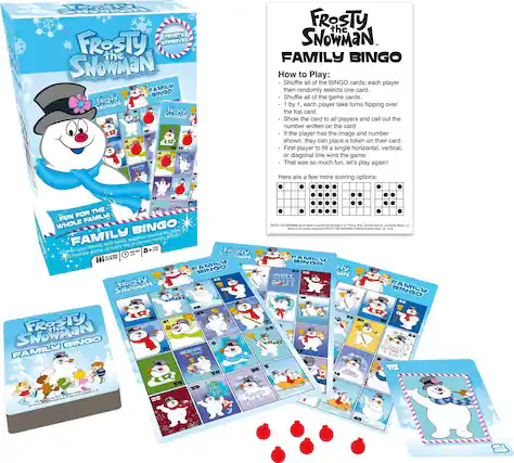 Frosty the Snowman Family Bingo
Frosty Approved
How to Play:
- Shuffle all of the BINGO cards; each player then randomly selects one card.
- Shuffle all of the game cards.
- 1 by 1, each player takes turns flipping over the top card.
- Show the card to all players and call out the number written on the card.
- If the player has the image and number shown, they can place a B token on their card.
- First player to fill a single horizontal, vertical, or diagonal line wins the game.
- That was so much fun, let's play again!
Here are a few more scoring options:
FUN FOR THE WHOLE FAMILY!
Frosty the Snowman Family Bingo
Frosty the Snowman Family Bingo
Frosty the Snowman Family Bingo
Frosty the Snowman Family Bingo
Frosty the Snowman Family Bingo
Frosty the Snowman Family Bingo
Frosty the Snowman Family Bingo
Frosty the Snowman Family Bingo
Frosty the Snowman Family Bingo
Frosty the Snowman Family Bingo
Frosty the Snowman Family Bingo
Frosty the Snowman Family Bingo
Frosty the
