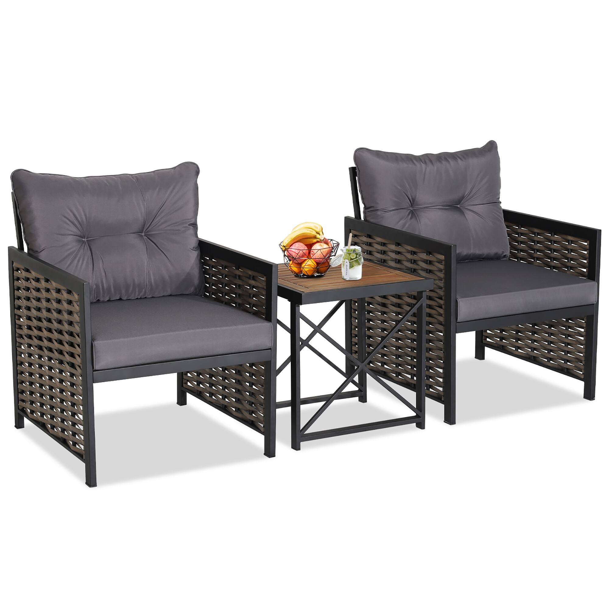Costway - 3 PCS Patio Rattan Furniture Set Acacia Wood Coffee Table & 2 Chairs Backyard Gray Cushion - Brown,Black,Grey