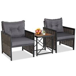 Costway - 3 PCS Patio Rattan Furniture Set Acacia Wood Coffee Table & 2 Chairs Backyard Gray Cushion - Brown,Black,Grey