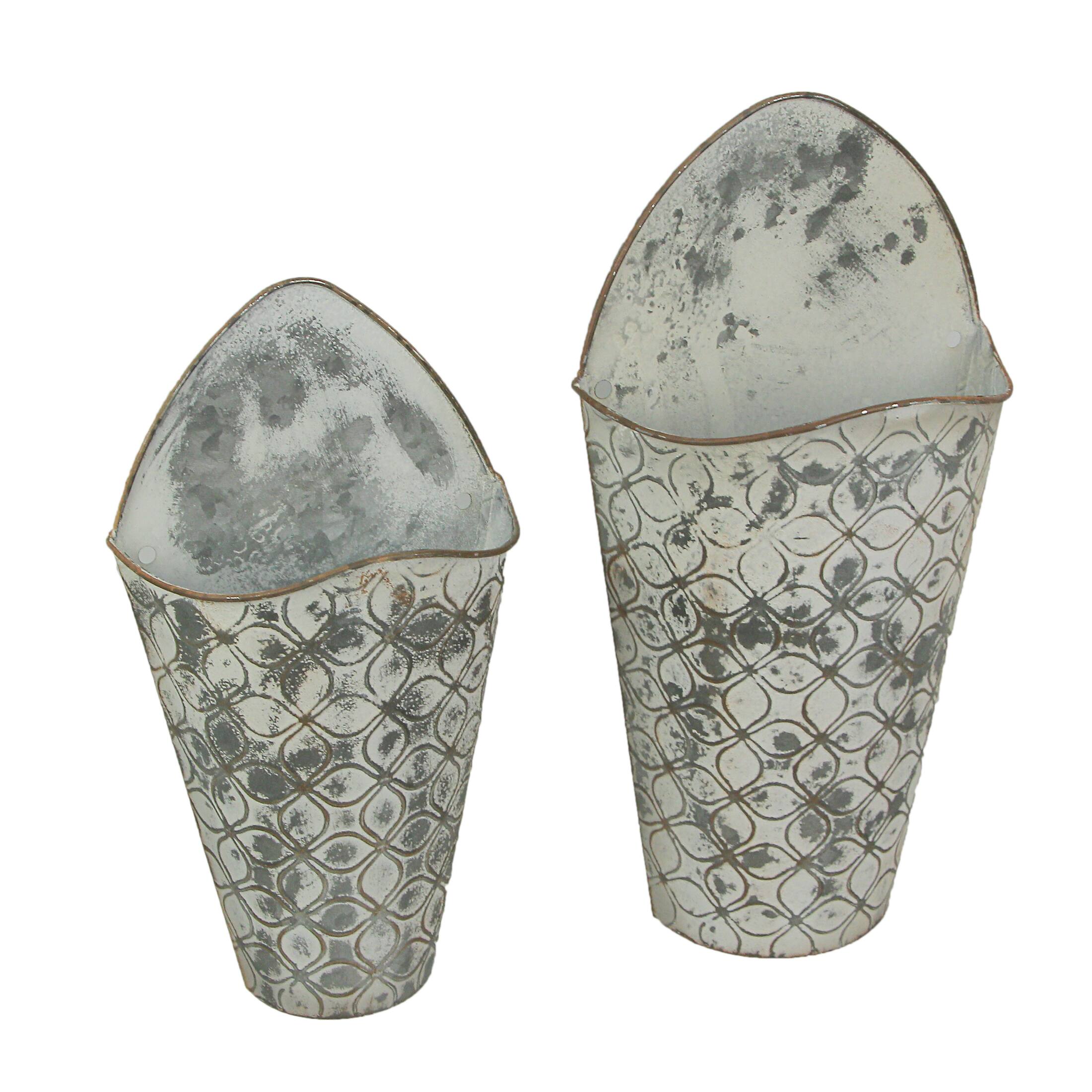 Front. Special T Imports - Antiqued Gray Enamel Painted Embossed Metal Wall Pockets Set of 2 - Grey.