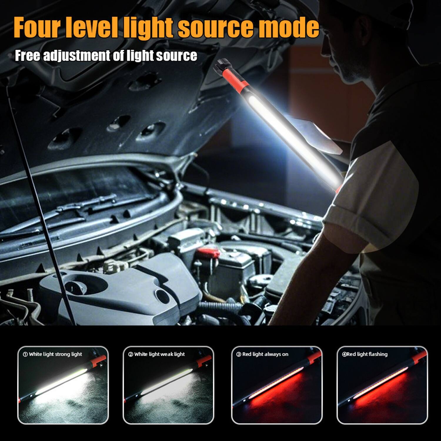 Four level light source mode  
Free adjustment of light source  

1. White light strong light  
2. White light weak light  
3. Red light always on  
4. Red light flashing