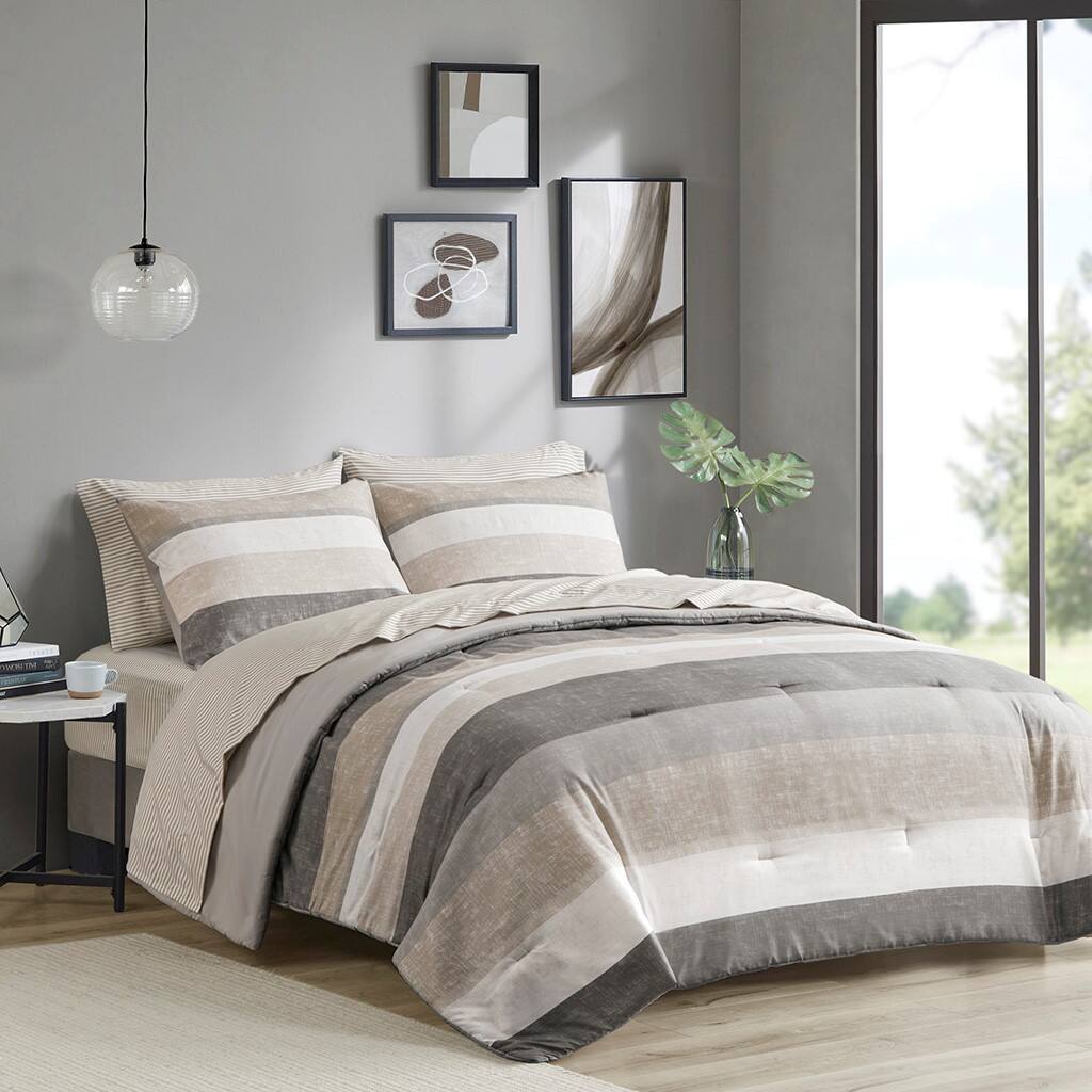 Alt View 1. Gracie Mills - Gracie Mills Ware Striped Comforter Set with Bed Sheets - Taupe/Grey.