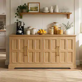 RYHNUYNE - Freestanding 67 Inch Large Sideboard Buffet Cabinet with Storage, Wood Coffee Wine Bar, Oak - Natural
