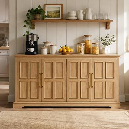 Front. RYHNUYNE - Freestanding 67 Inch Large Sideboard Buffet Cabinet with Storage, Wood Coffee Wine Bar, Oak - Natural.