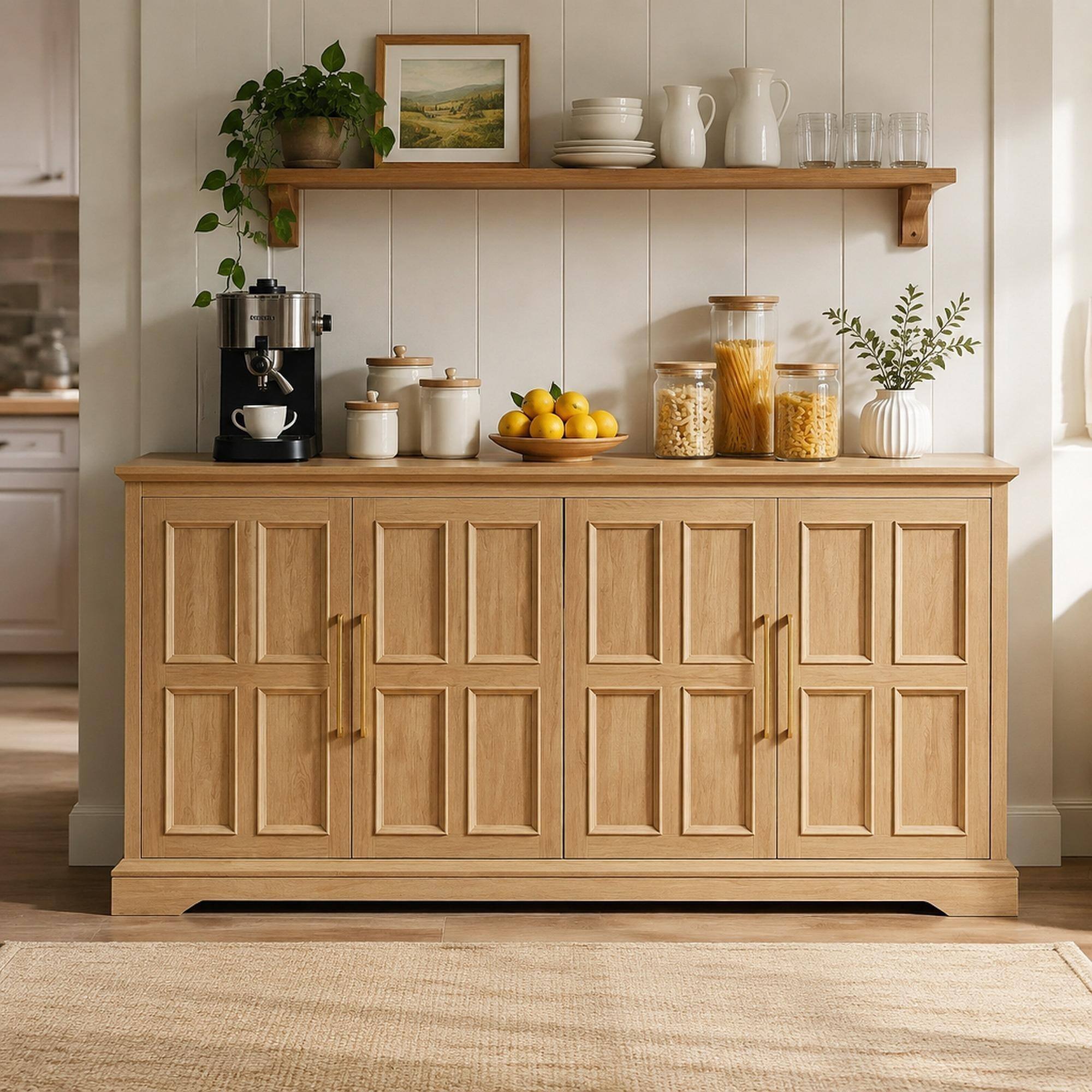 Front. RYHNUYNE - Freestanding 67 Inch Large Sideboard Buffet Cabinet with Storage, Wood Coffee Wine Bar, Oak - Natural.