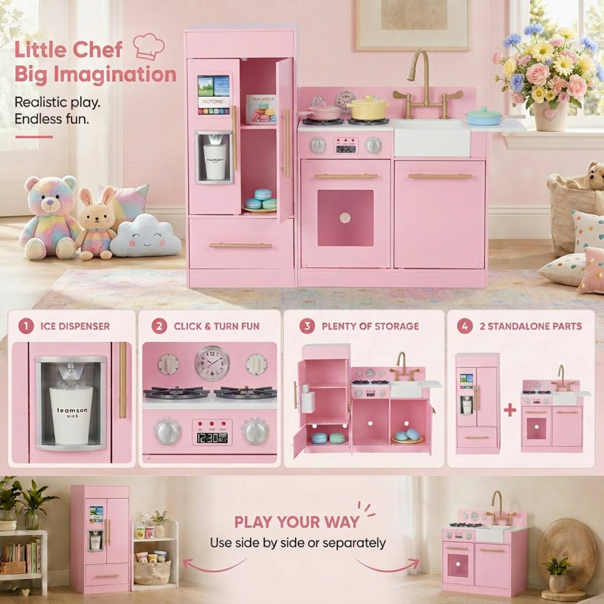 Little Chef Big Imagination  
Realistic play. Endless fun.  

1. ICE DISPENSER  
2. CLICK & TURN FUN  
3. PLENTY OF STORAGE  
4. 2 STANDALONE PARTS  

PLAY YOUR WAY  
Use side by side or separately