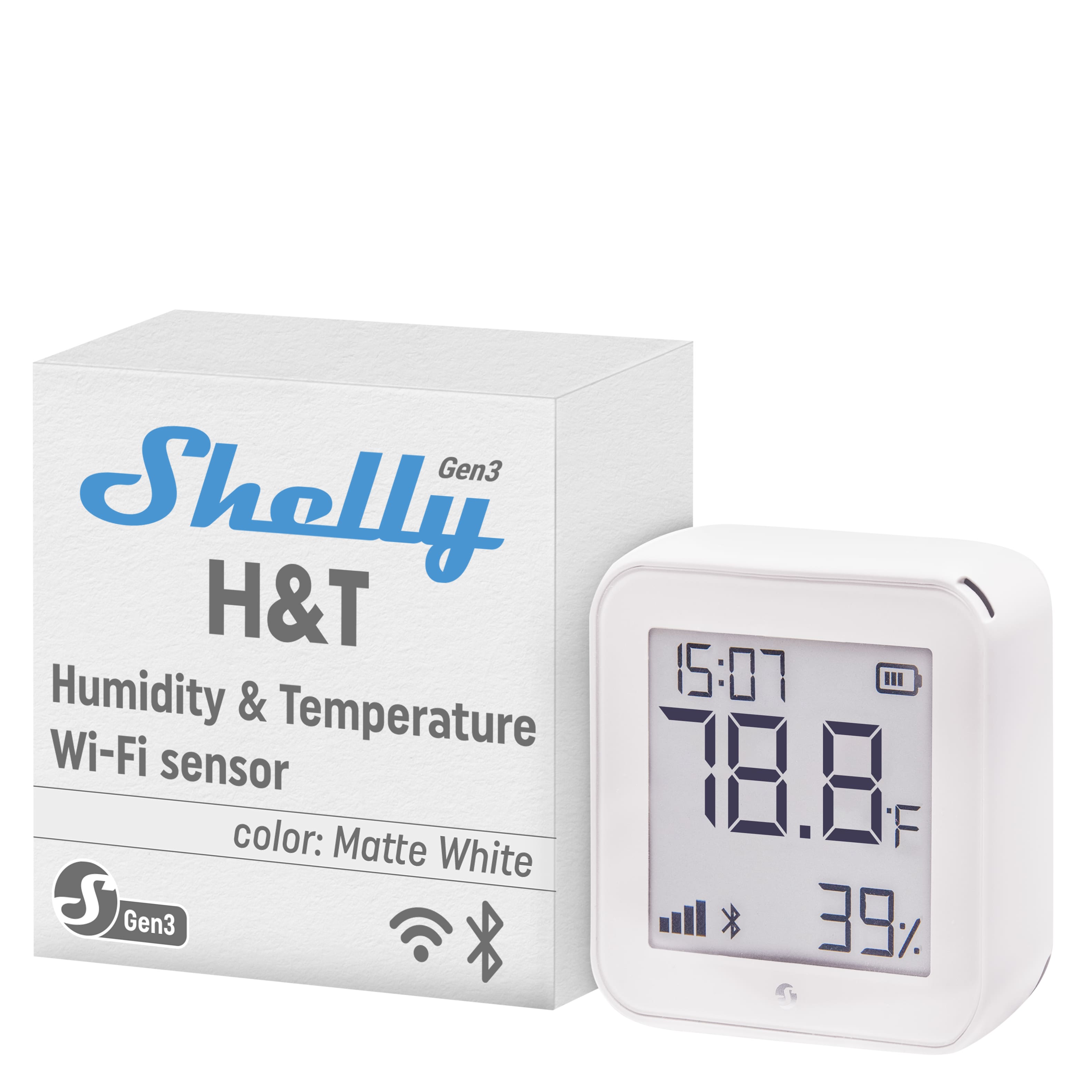 Shelly - H&T Gen3 Wi-Fi and Bluetooth Smart Temperature & Humidity Sensor with Remote App Control & Monitoring - White