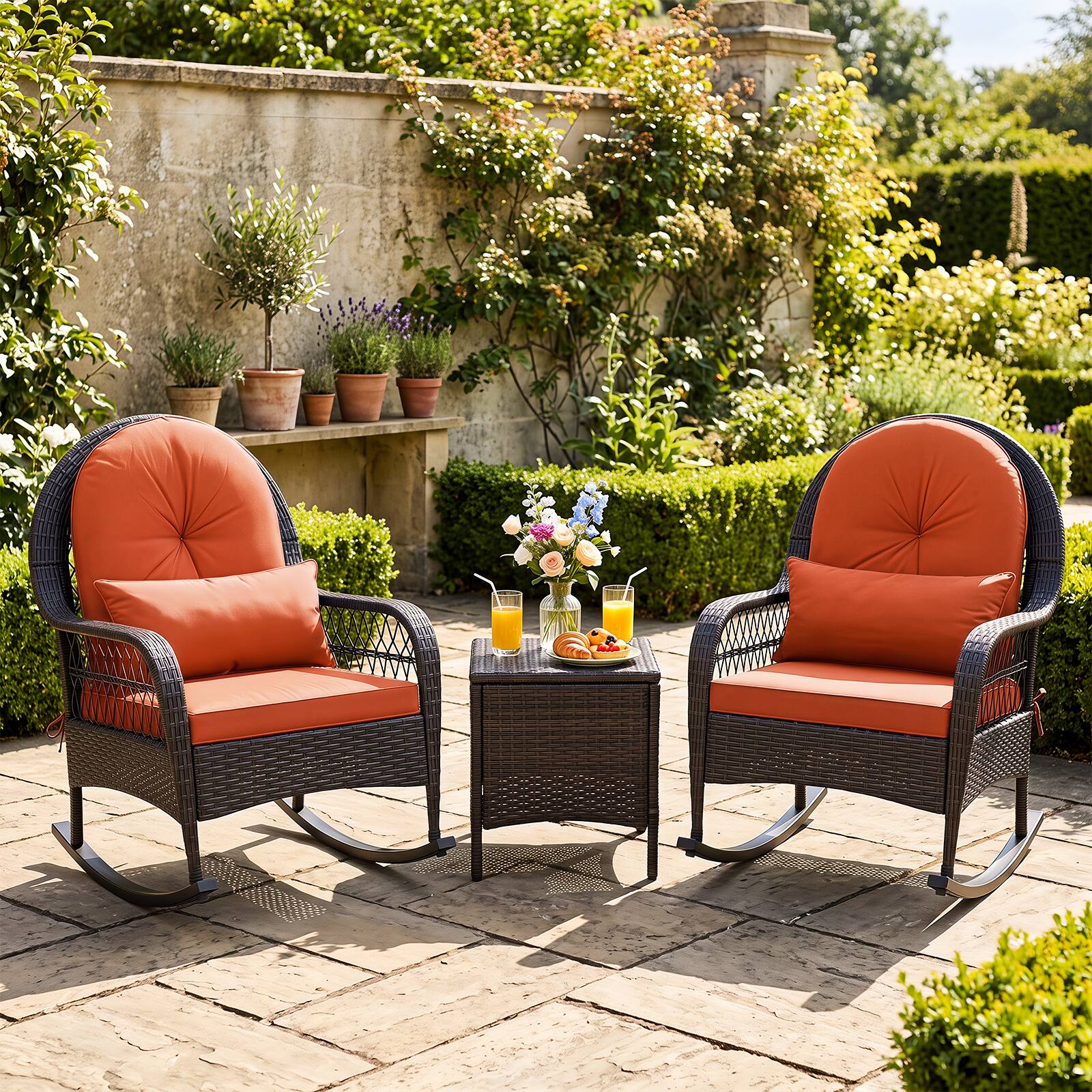 Alt View 7. Gymax - Gymax Outdoor Wicker Rocking Chair 400 LBS Rattan Rocker Chair w/Anti-Tip Stoppers Mix Brown & Orange - Orange.