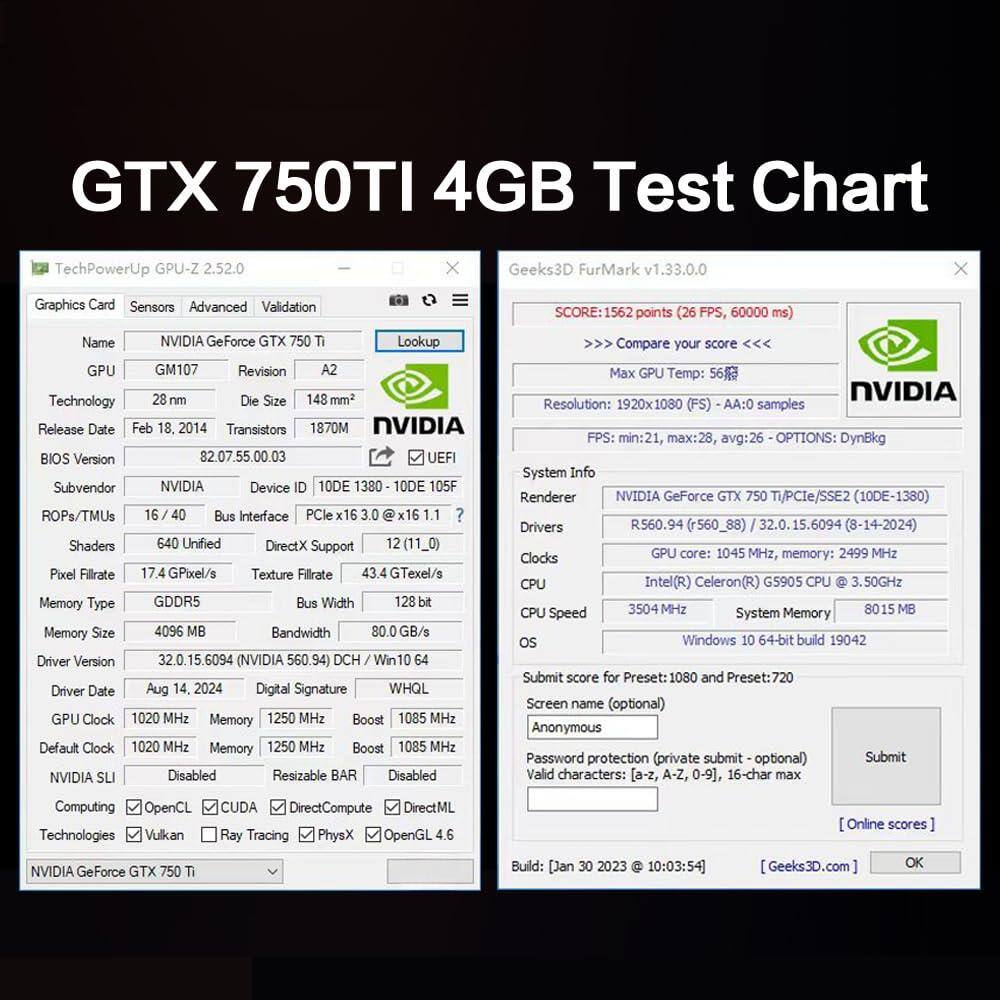 **GTX 750TI 4GB Test Chart**

**TechPowerUp GPU-Z 2.52.0**

- **Graphics Card**
  - Name: NVIDIA GeForce GTX 750 Ti
  - GPU: GM107
  - Technology: 28 nm
  - Release Date: Feb 18, 2014
  - Transistors: 1870M
  - BIOS Version: 82.07.55.00.03
  - Subvendor: NVIDIA
  - Device ID: 10DE 1380
  - ROPs/TMUs: 16 / 40
  - Shaders: 640 Unified
  - Pixel Fillrate: 17.4 GPixel/s
  - Texture Fillrate: 43.4 Texel/s
  - Memory Type: GDDR5
  - Memory Size: 4096 MB
  - Bandwidth: 80.0 GB/s
  - Driver Version: 32.0.15.6094 (NVIDIA 560.94