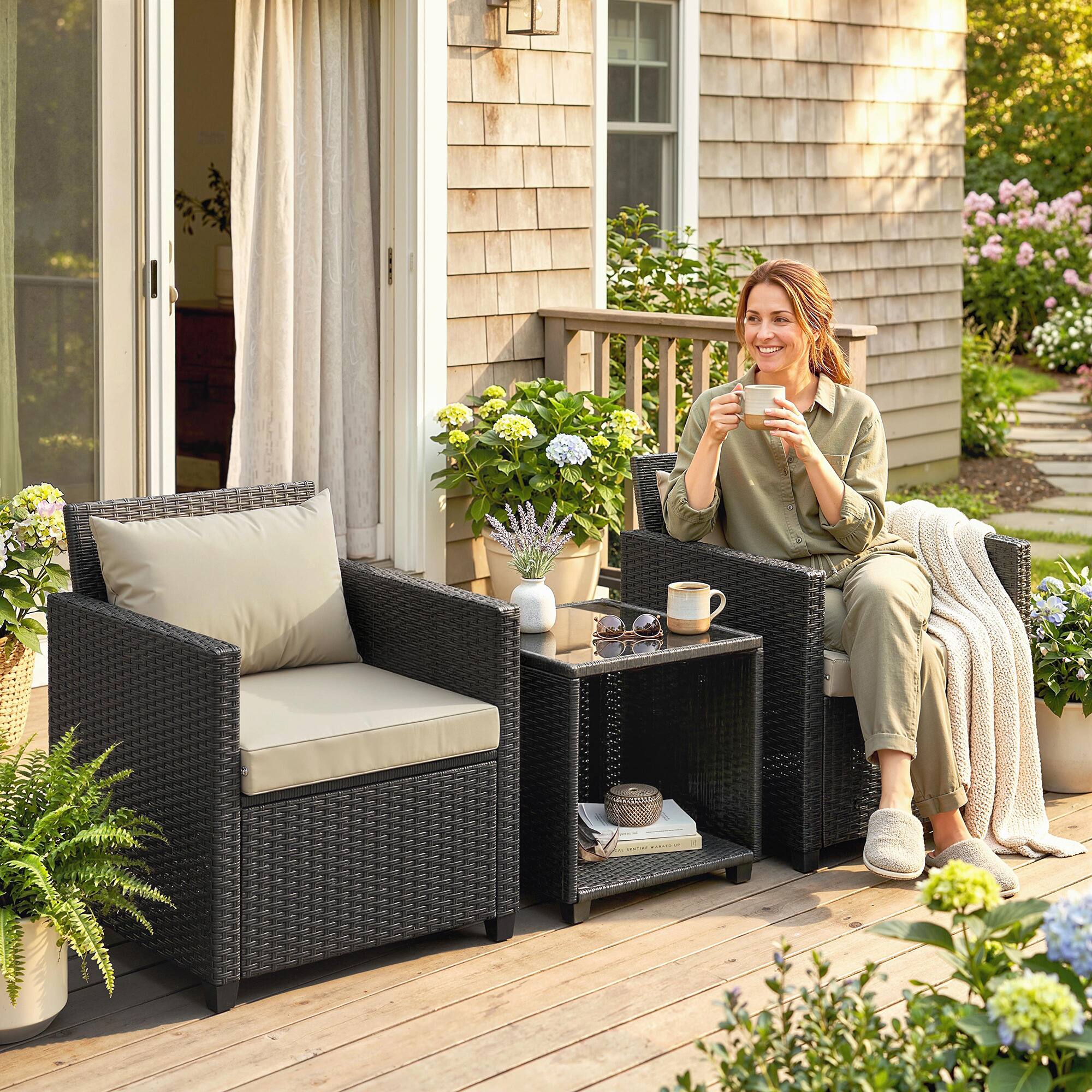 Alt View 1. Outsunny - Piece Patio Bistro Set, Wicker Furniture Set with Thick Cushions - Beige.