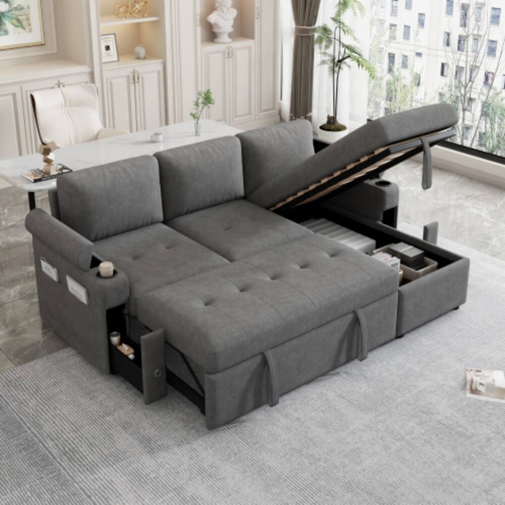 Left. LUCKY ONE - 83.5" L-Shaped Convertible Sofa Bed w/ Storage Cup Holders USB Ports Chaise - Gray.