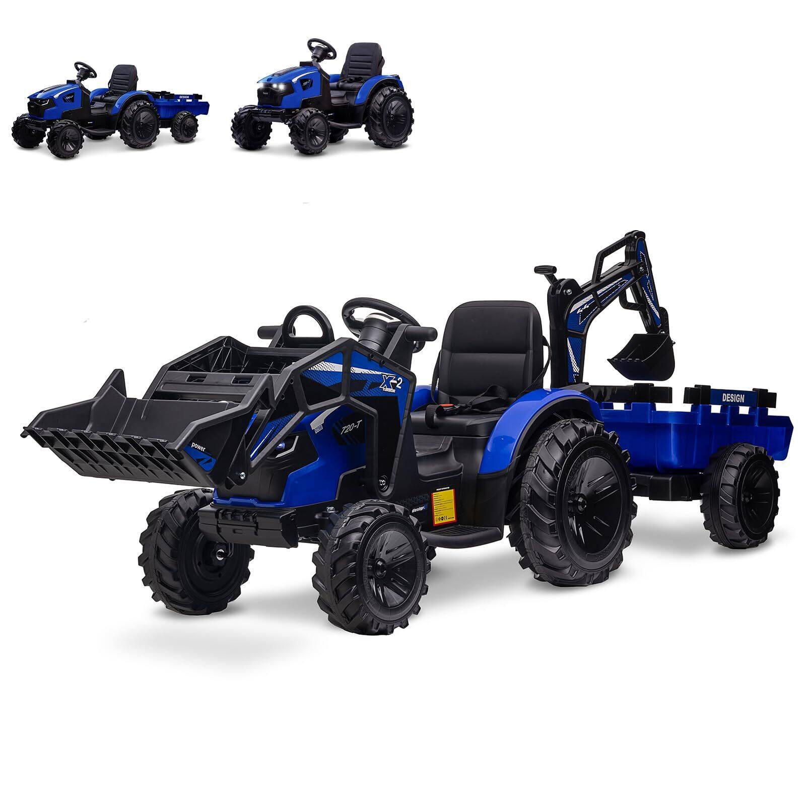 Jojoka - 24V Kids Ride-On Tractor w/Remote - 3-in-1 Excavator/Bulldozer/Tractor, Digger, Trailer, LED Lights (Ages 3-8) - Blue