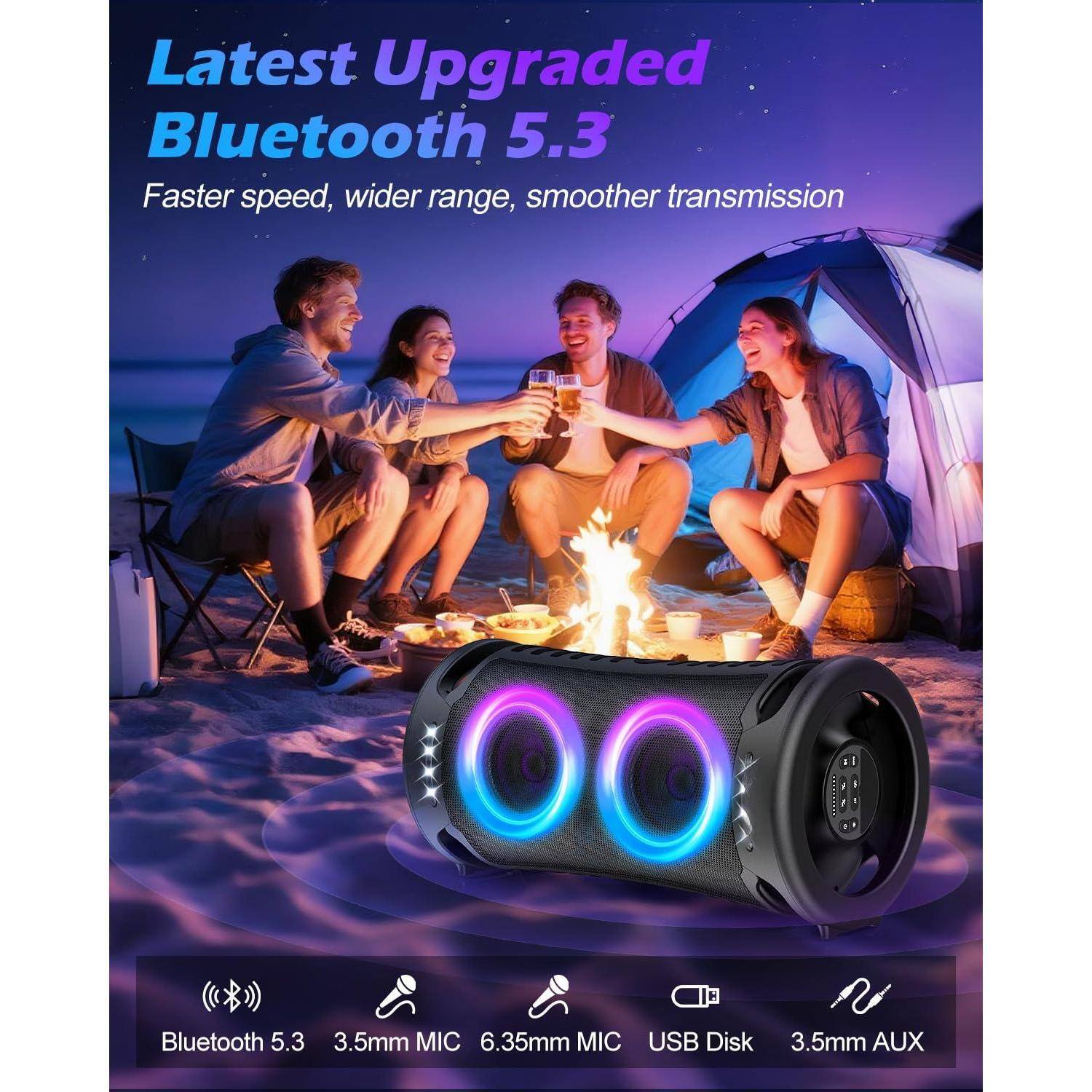 Latest Upgraded Bluetooth 5.3  
Faster speed, wider range, smoother transmission  

Bluetooth 5.3  
3.5mm MIC  
6.35mm MIC  
USB Disk  
3.5mm AUX