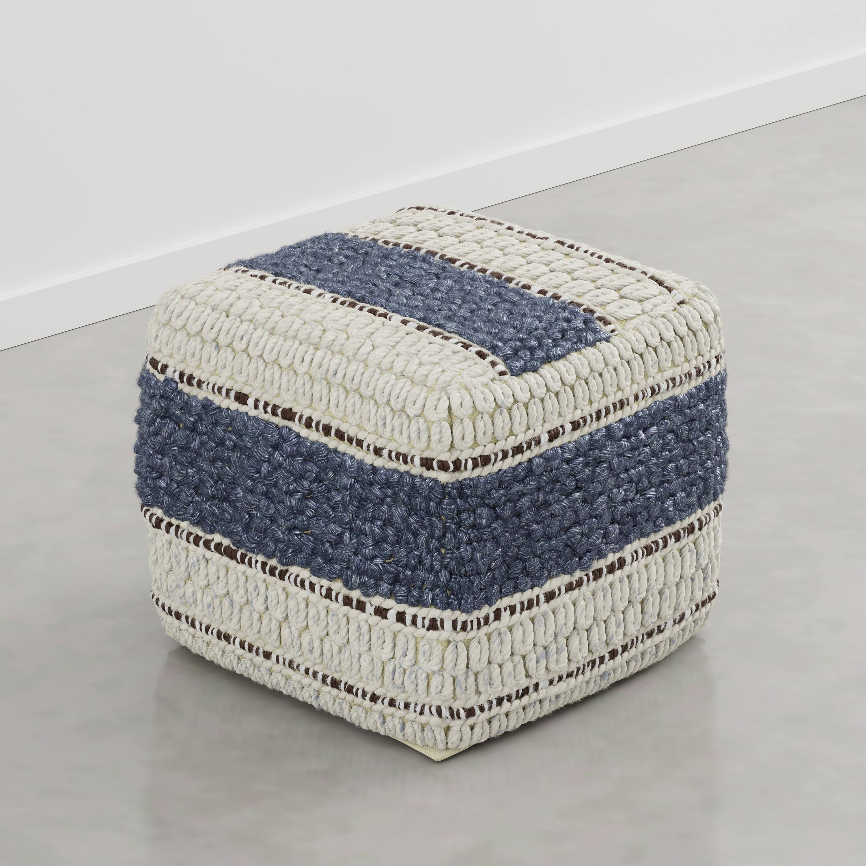 Alt View 2. Simpli Home - Grady 18 inch Wide Wool and Cotton Square Pouf Ottoman, Natural and Blue Stripe - Natural/Blue Stripe.