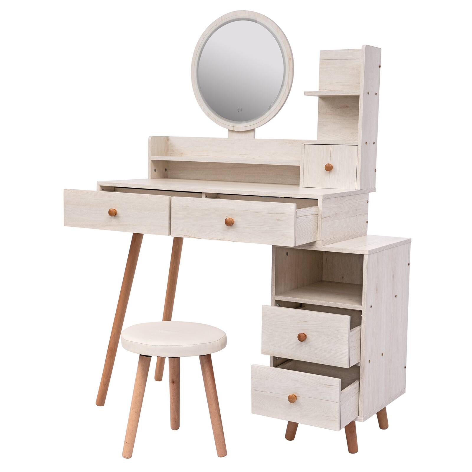 Front. TinyHomie - CRAZY ELF Vanity Table Cushioned Stool LED Mirror 5 Drawers Adjustable Length - White.