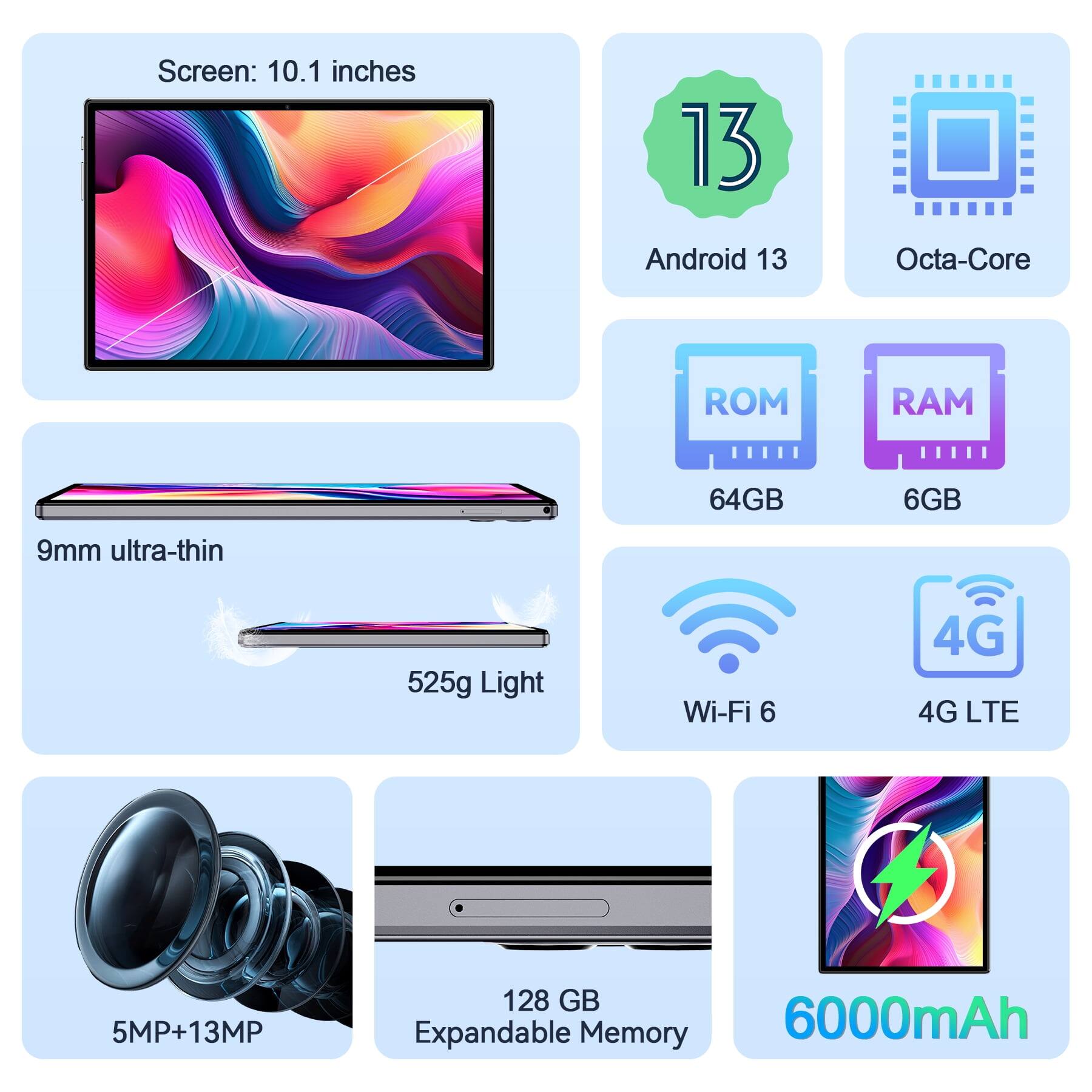 Screen: 10.1 inches  
Android 13  
Octa-Core  
ROM: 64GB  
RAM: 6GB  
9mm ultra-thin  
525g Light  
Wi-Fi 6  
4G LTE  
5MP+13MP  
128 GB Expandable Memory  
6000mAh
