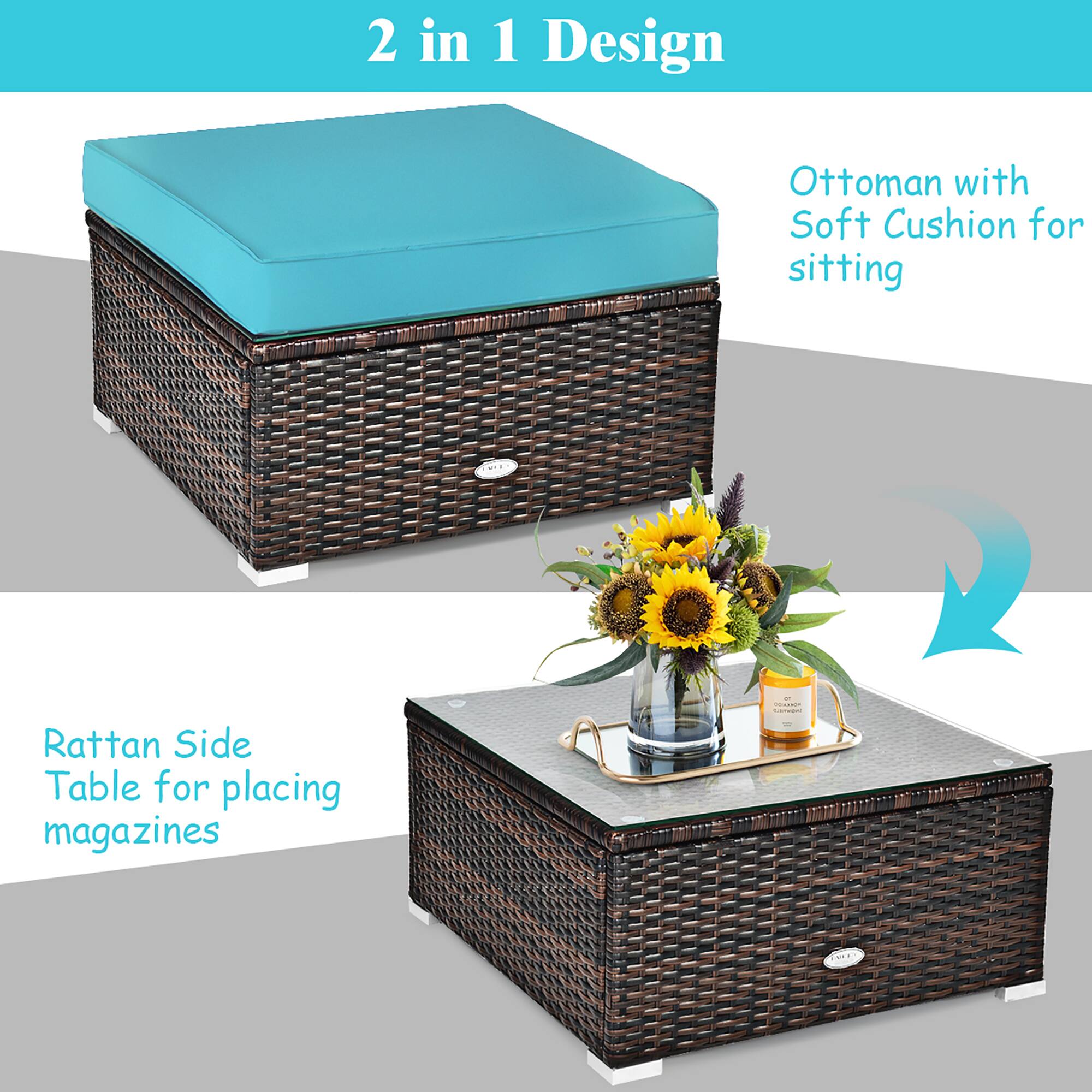 The image features a 2 in 1 design ottoman with a soft cushion for sitting. The ottoman also has a rattan side table for placing magazines. The table is accompanied by a vase with sunflowers, adding a touch of color and life to the space.