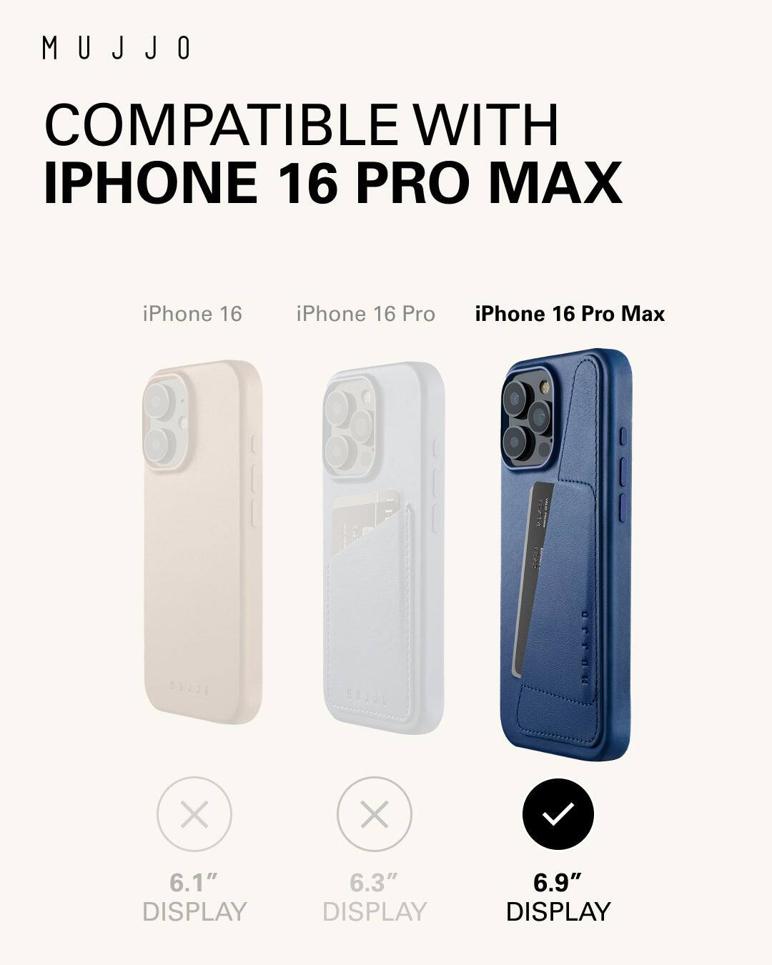 Mujjo is compatible with iPhone 16 Pro Max, iPhone 16, and iPhone 16 Pro. The image shows three different iPhone models with their respective display sizes: 5.3 inches, 6.1 inches, and 6.9 inches.