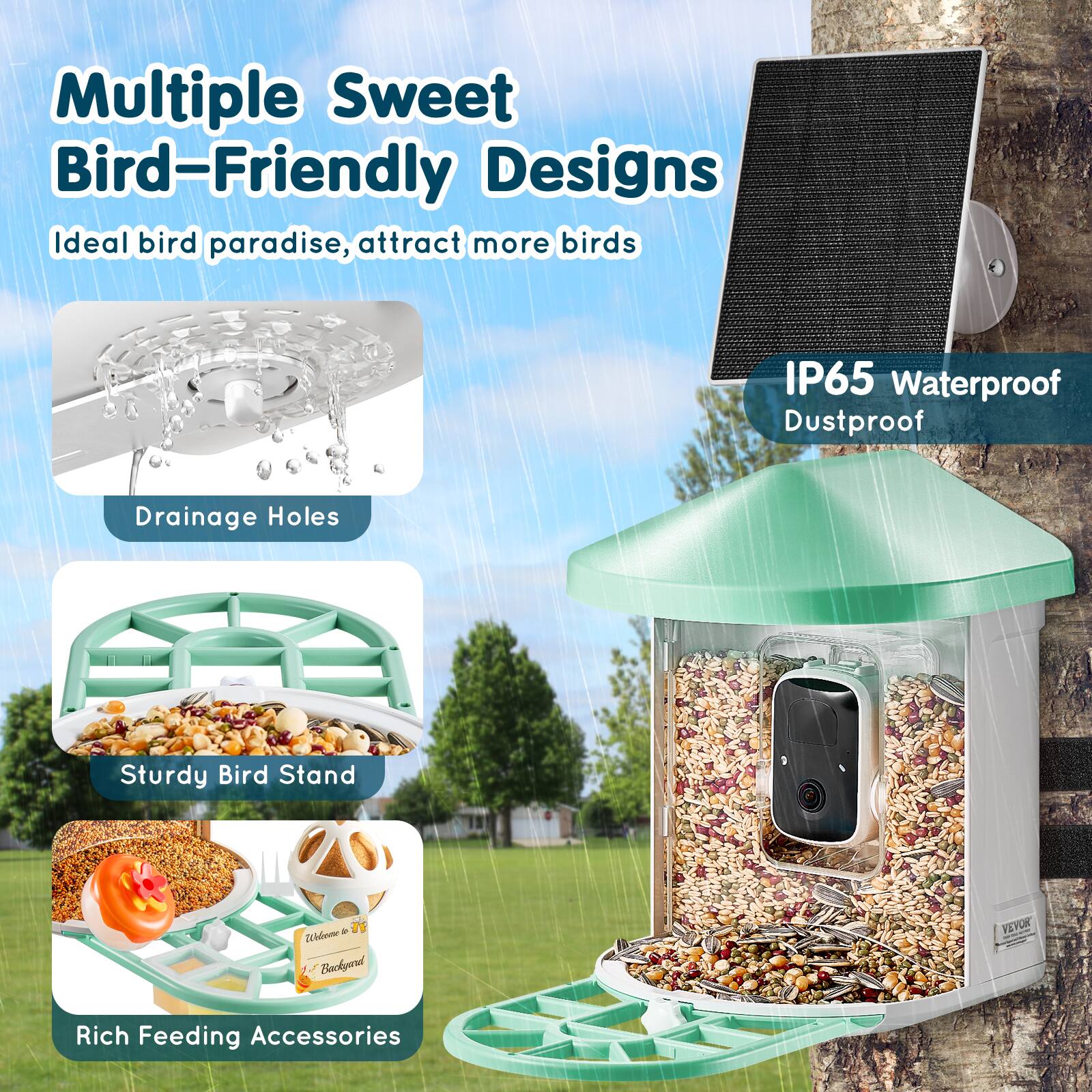 Multiple Sweet Bird-Friendly Designs  
Ideal bird paradise, attract more birds  

IP65 Waterproof Dustproof  

Drainage Holes  

Sturdy Bird Stand  

Rich Feeding Accessories