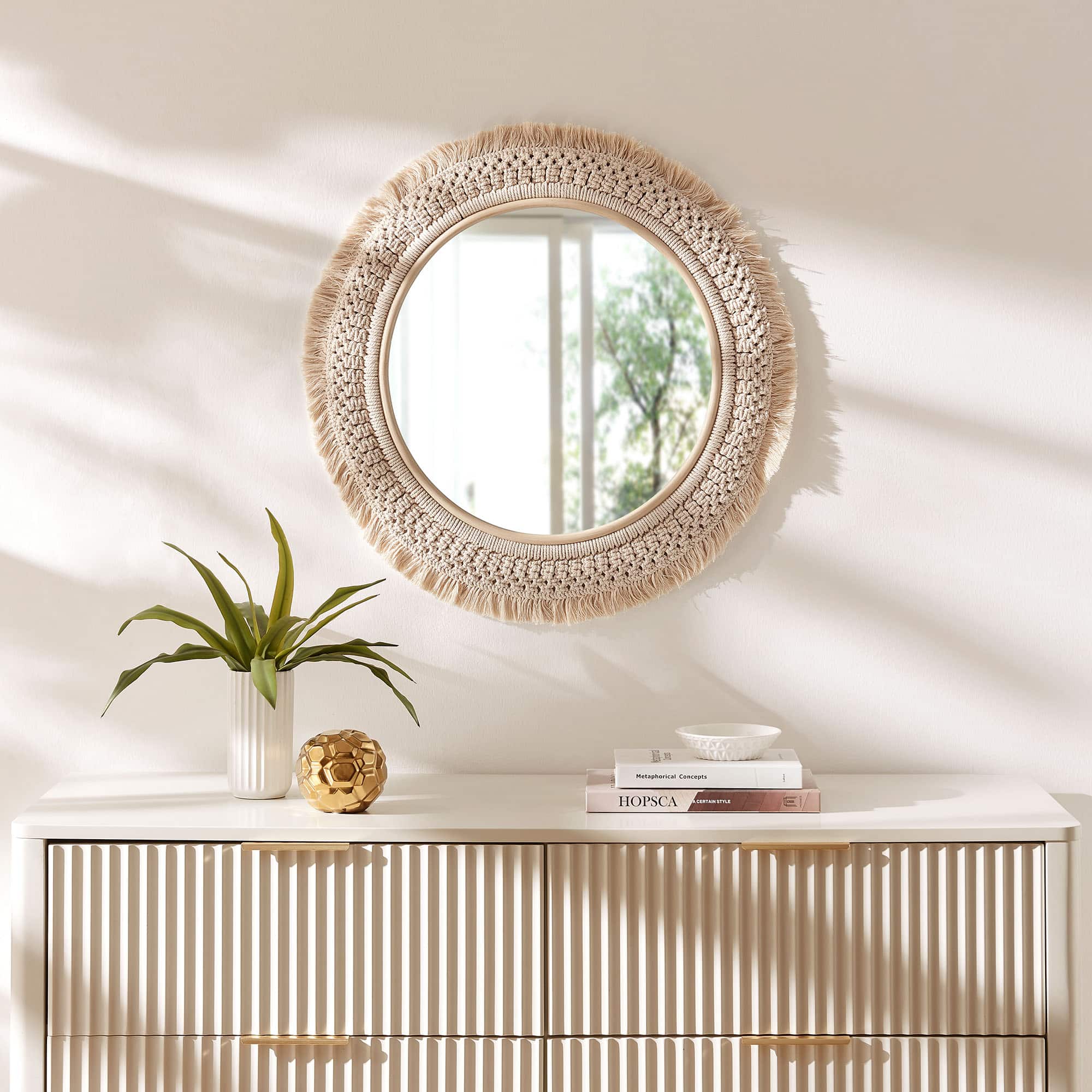 Jade Round Rattan Macrame Wall Mirror by Modway - Natural