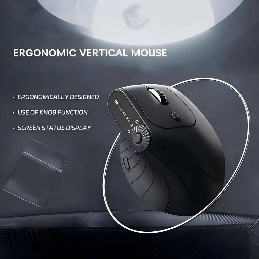 ERGONOMIC VERTICAL MOUSE

- ERGONOMICALLY DESIGNED
- USE OF KNOB FUNCTION
- SCREEN STATUS DISPLAY