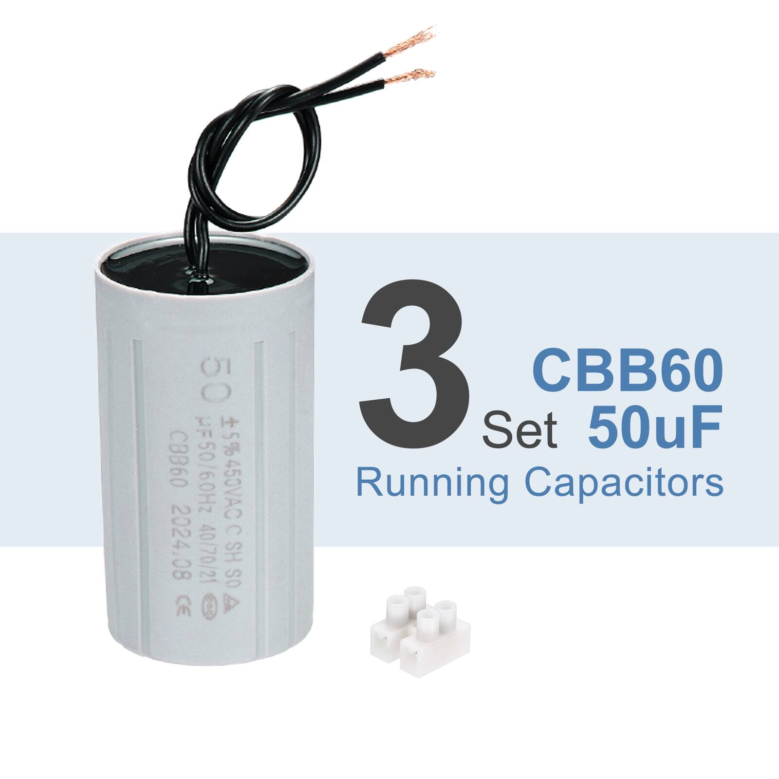 3 Set CBB60 50uF Running Capacitors  
50uF ±5% 450VAC 50/60Hz  
CBB60 2024.08 40/70/21 SH OS