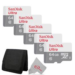 SanDisk Professional - 5x SanDisk Ultra 64GB microSDXC Memory Card UHS-1 Upto 100 MB/s Class 10 with Card Wallet