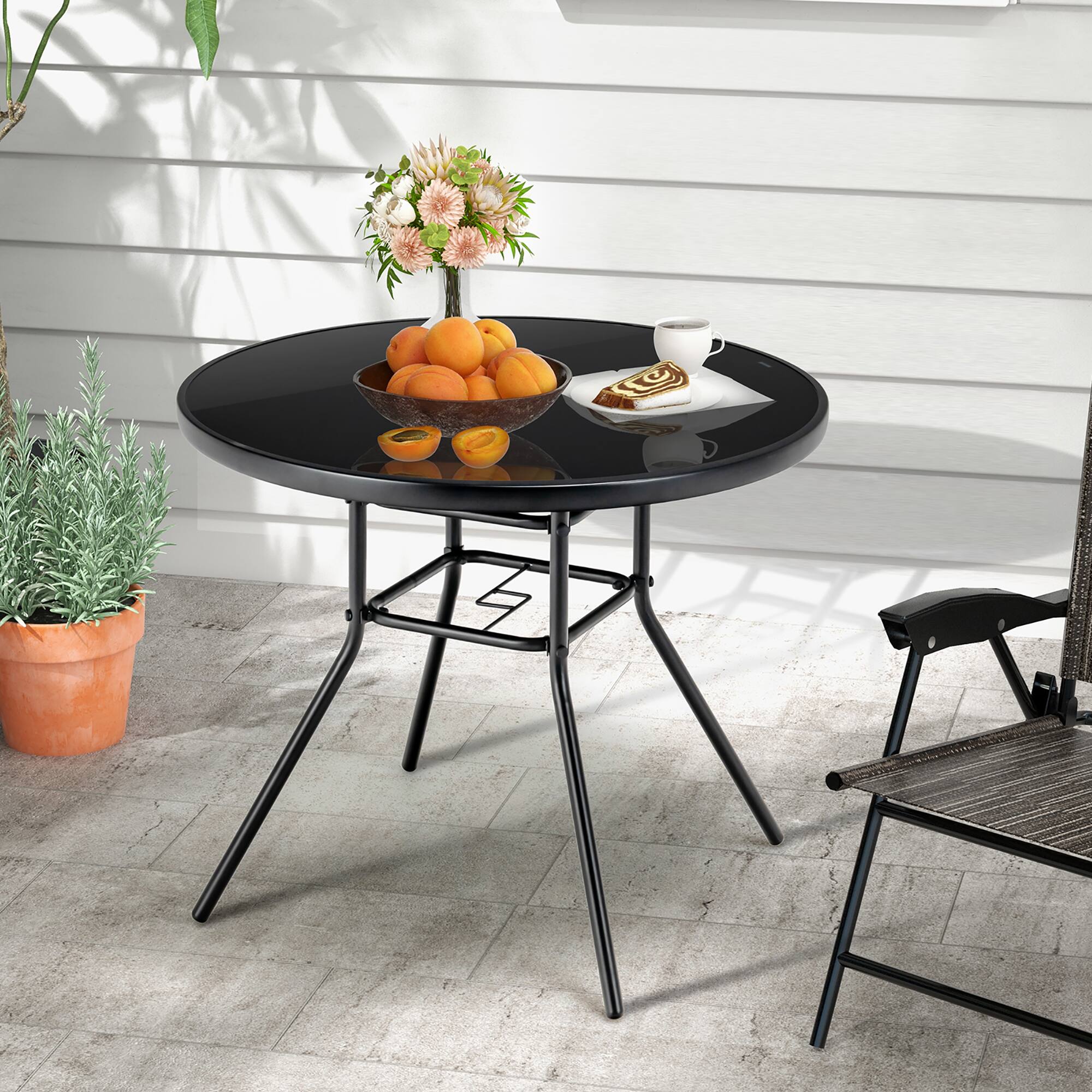 Alt View 1. Costway - Costway 34 Inch Patio Dining Table Round Tempered Glass Tabletop with 1.5" Umbrella Hole - Black.