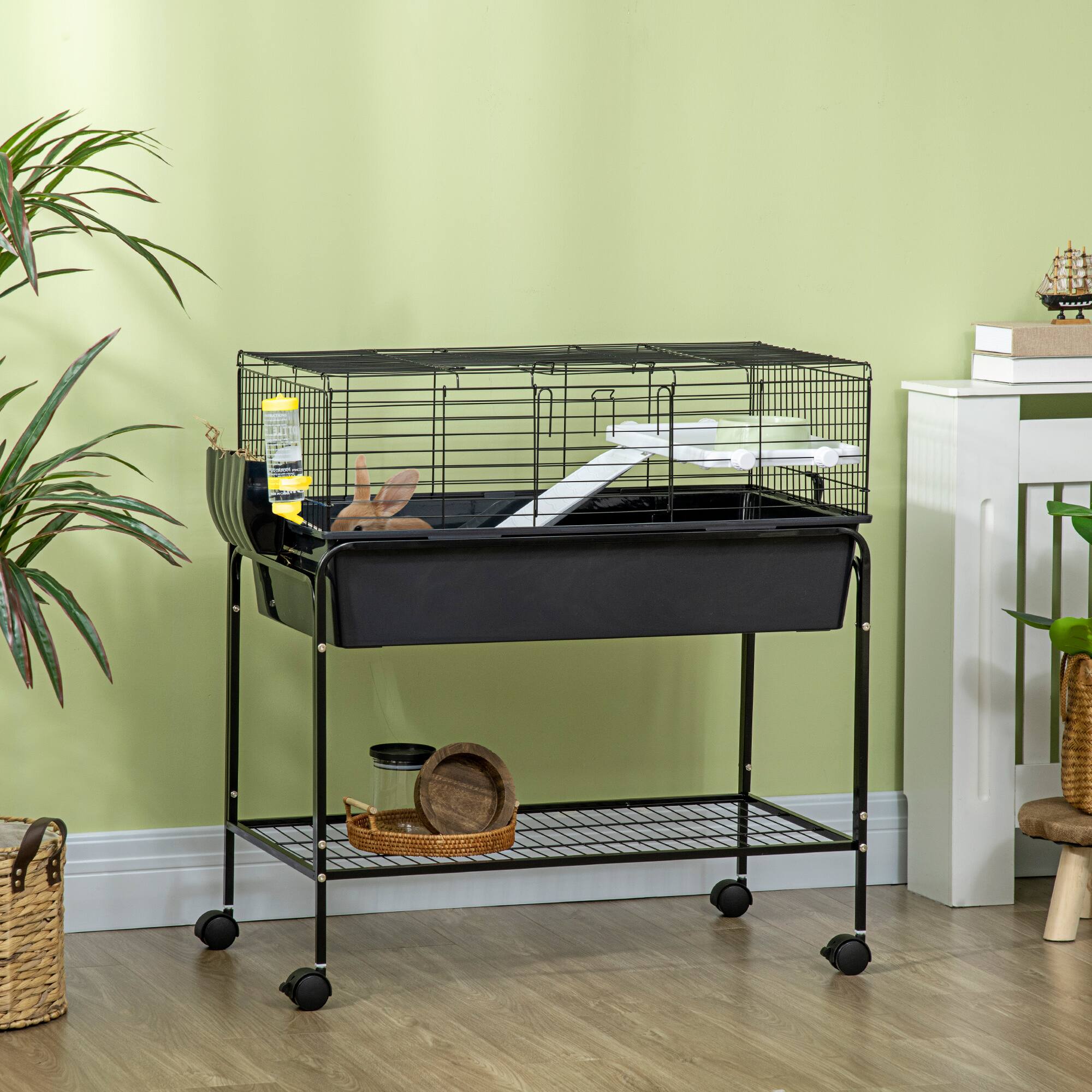 Angle. Pawhut - Two-Story Small Animal Cage Removable from Stand, Guinea Pig, Hedgehog, Chinchilla, Shelf & Wheels, Pet Habitat.