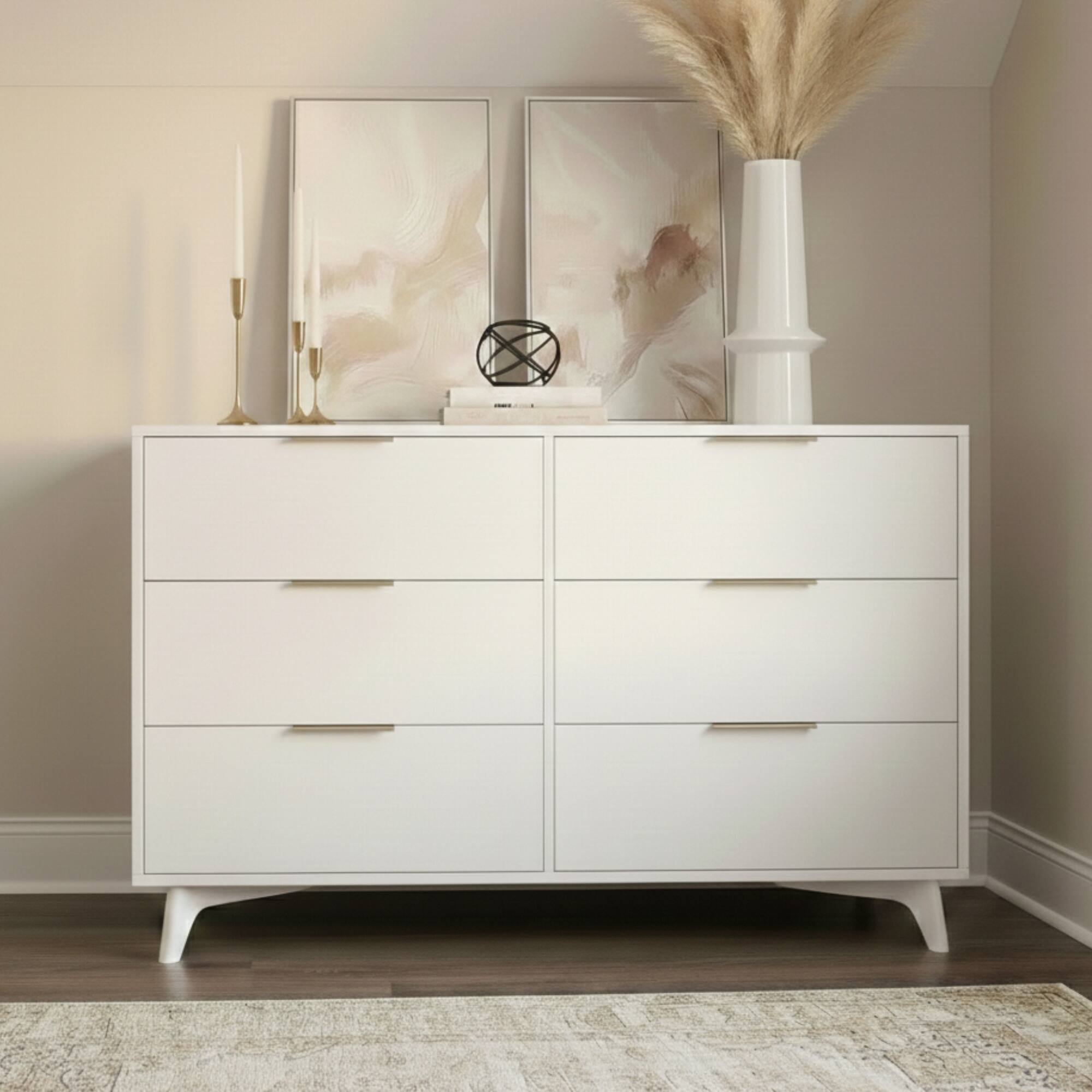 Alt View 1. Plank+Beam - Haven 6 Drawer Dresser with Brass Handle, White - White.