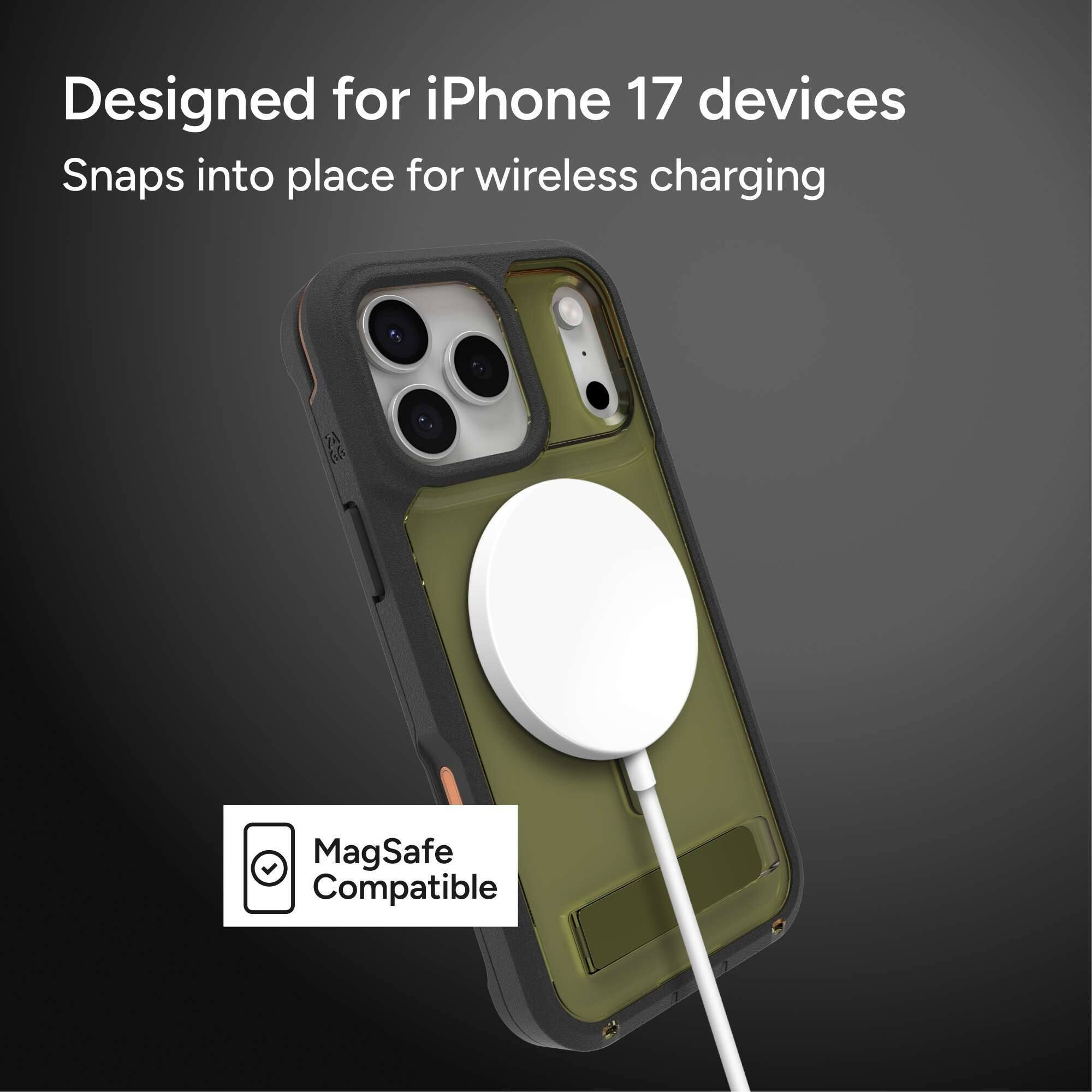 Designed for iPhone 17 devices
Snaps into place for wireless charging
MagSafe Compatible