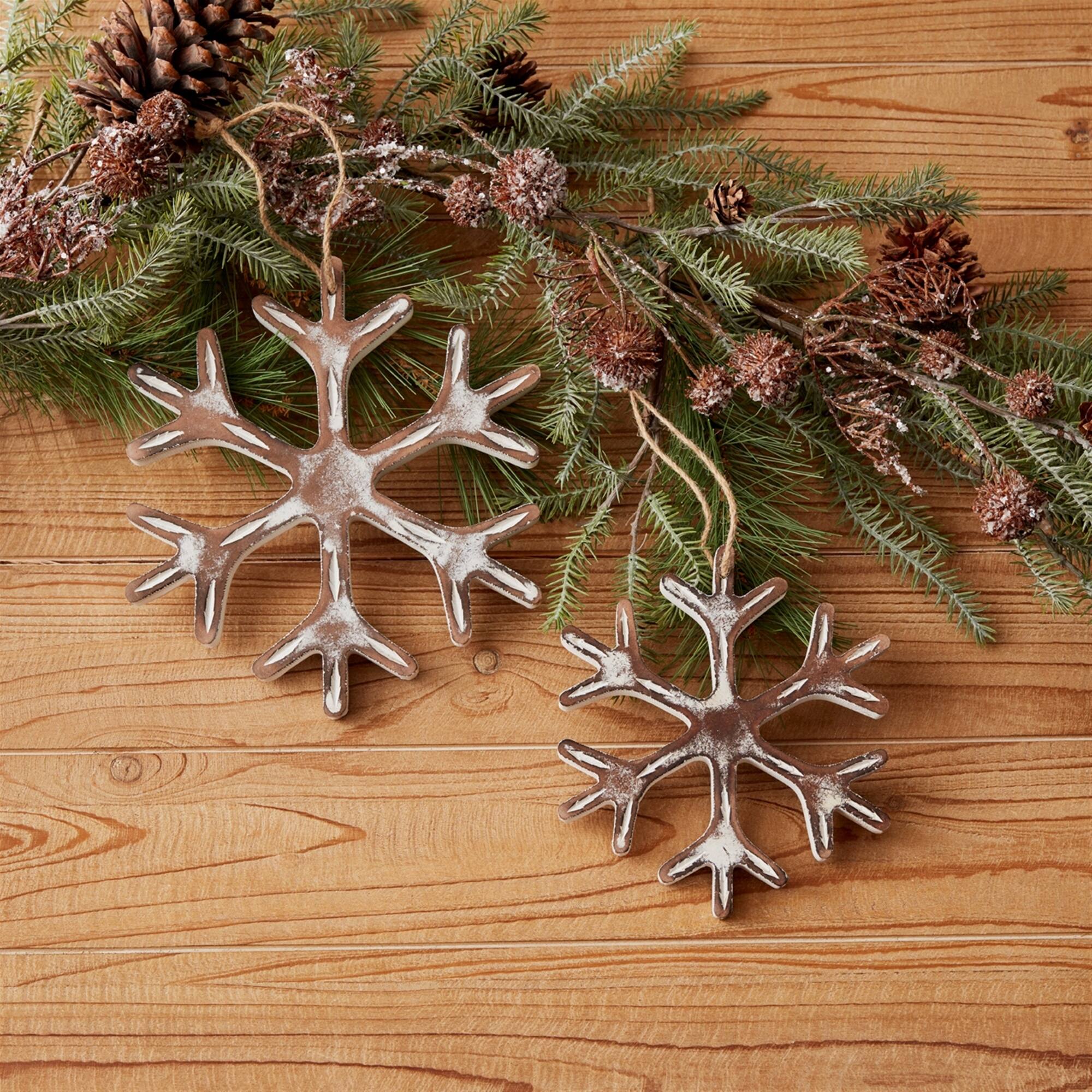 Angle. BreeBe - Wooden Snowflake Ornament with White Washed Finish (Set of 12) - White, Brown.
