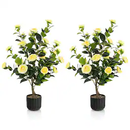 Gymax - 2-Pack 38'' Artificial Camellia Tree Faux Floral Plant for Decoration - Yellow